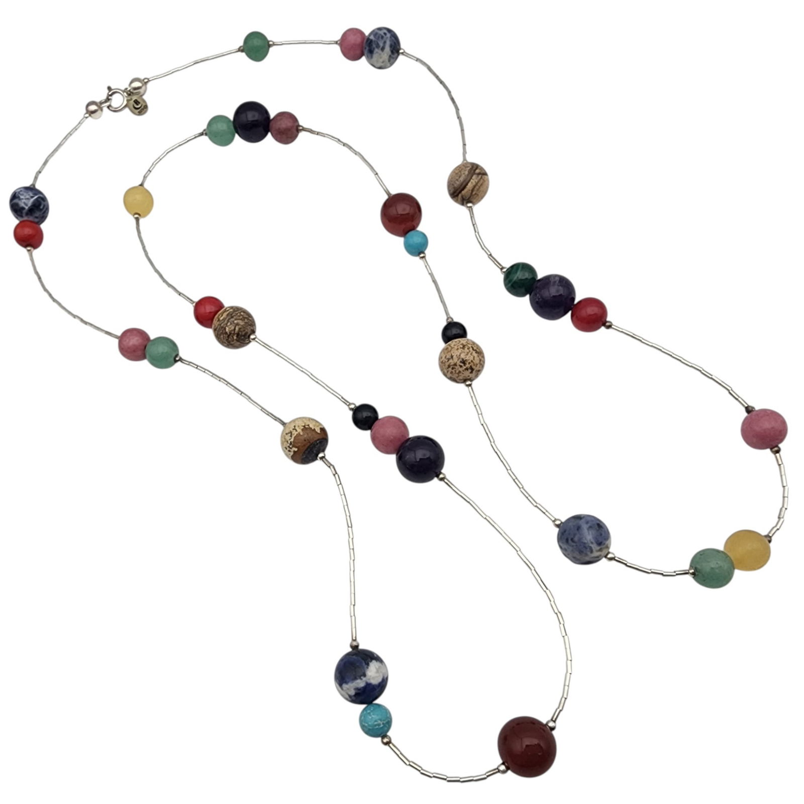 Carolyn Pollack Relios Sterling and Multistone Bead Necklace: Carolyn Pollack Relios Sterling Multistone (Amethyst, Jasper, Jade, Turquoise, Citrine, Rhodonite, Sodalite, Coral?) Bead Necklace | 35.8g
