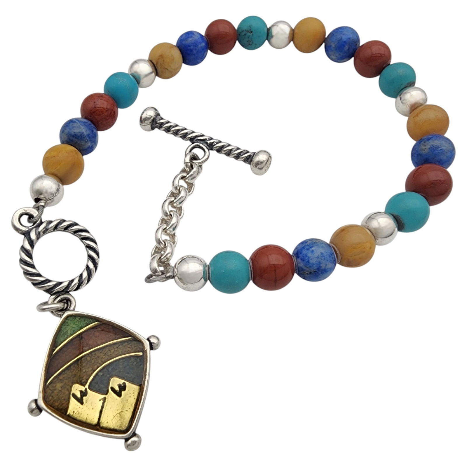 Carolyn Pollack Relios Sterling Multistone Bead Bracelet: Carolyn Pollack Relios Sterling Multistone Bead and Crushed Inlay Charm Bracelet | 13.8g