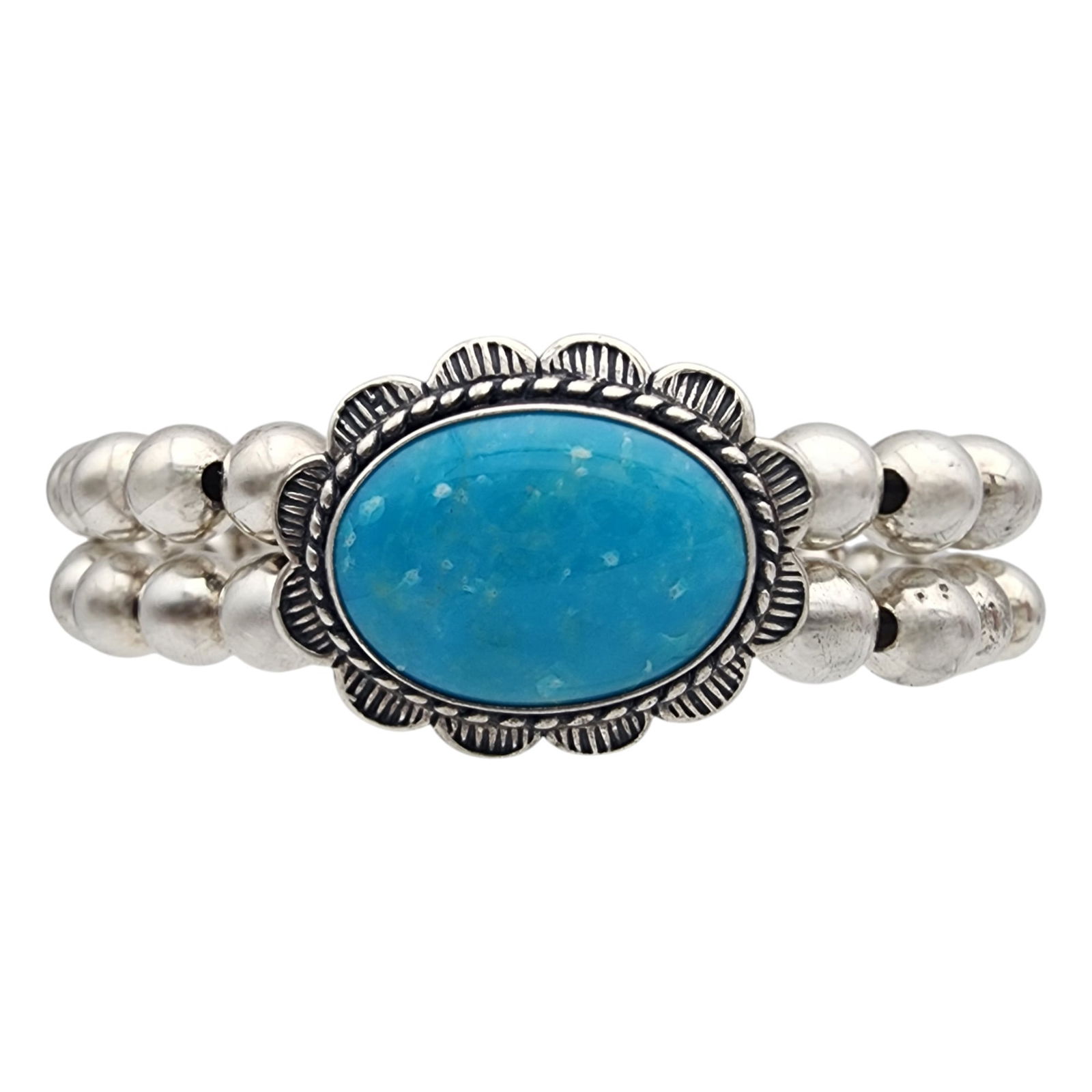 Carolyn Pollack Relios Sterling and Turquoise Bead Cuff Bracelet: Carolyn Pollack Relios Sterling Bead and Turquoise Stretch Cuff Bracelet 18.5g