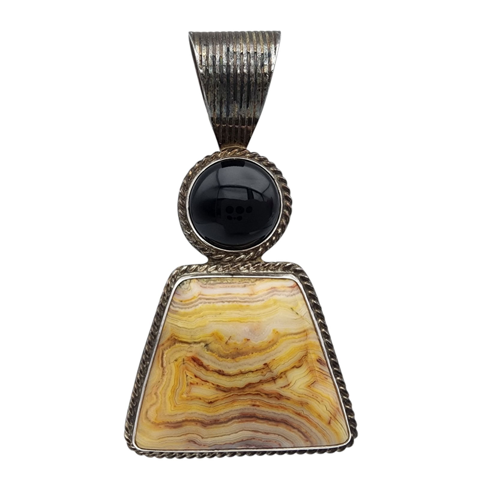 Jay King Mine Finds Sterling Crazy Lace Agate and Onyx Pendant: Jay King Mine Finds/Desert Rose Trading Sterling Yellow Crazy Lace Agate and Onyx Pendant 23.7g