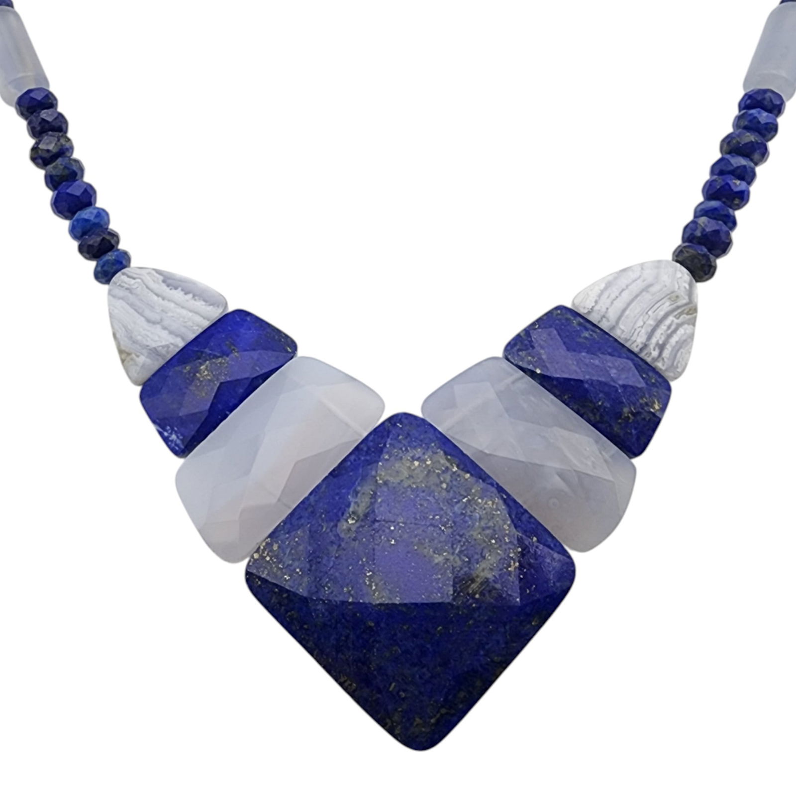 Jay King Mine Finds Sterling Reversible Blue Lace Agate Lapis Lazuli Station Necklace: Jay King Mine Finds/Desert Rose Trading Sterling Reversible Blue Lace Agate Lapis Lazuli Station Necklace 76g
