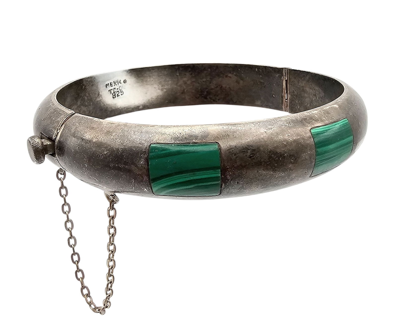 Mexico Sterling Malachite Hinge Bangle Bracelet: Mexico TC-? Sterling Malachite Hinge Bangle Bracelet 49.1 G
