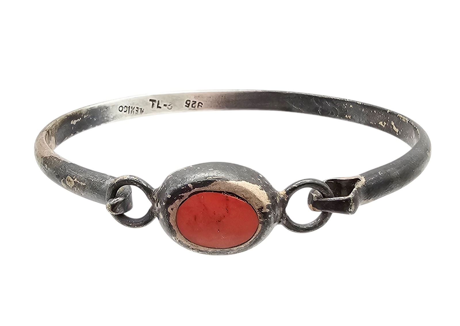 Mexico Sterling Coral Bangle Bracelet: Mexico TL-3 Sterling Coral Eye Hook Bangle Bracelet 16.8 G