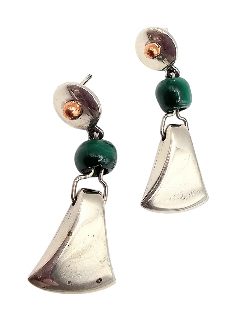 Mexico Sterling Malachite Drop Dangle Earrings - 2