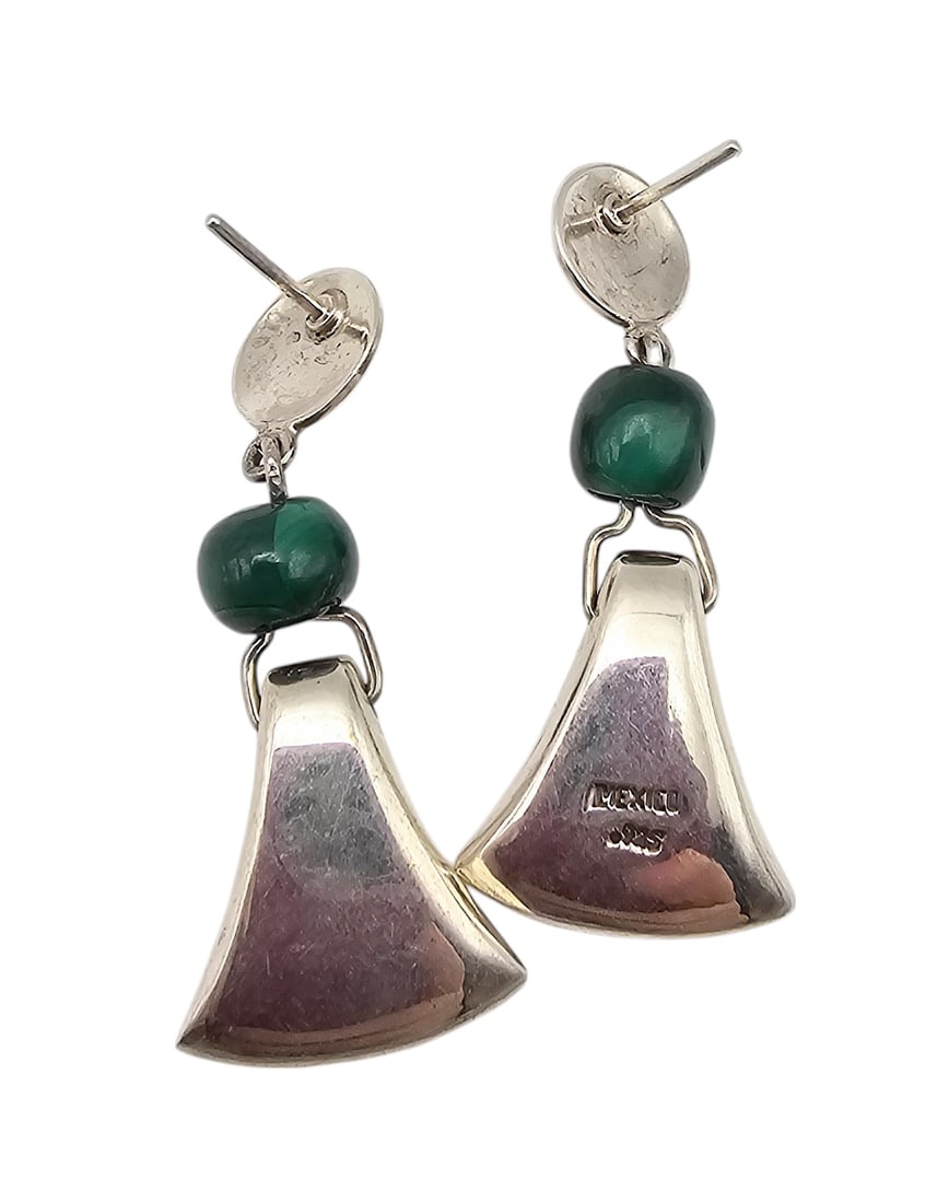 Mexico Sterling Malachite Drop Dangle Earrings - 3