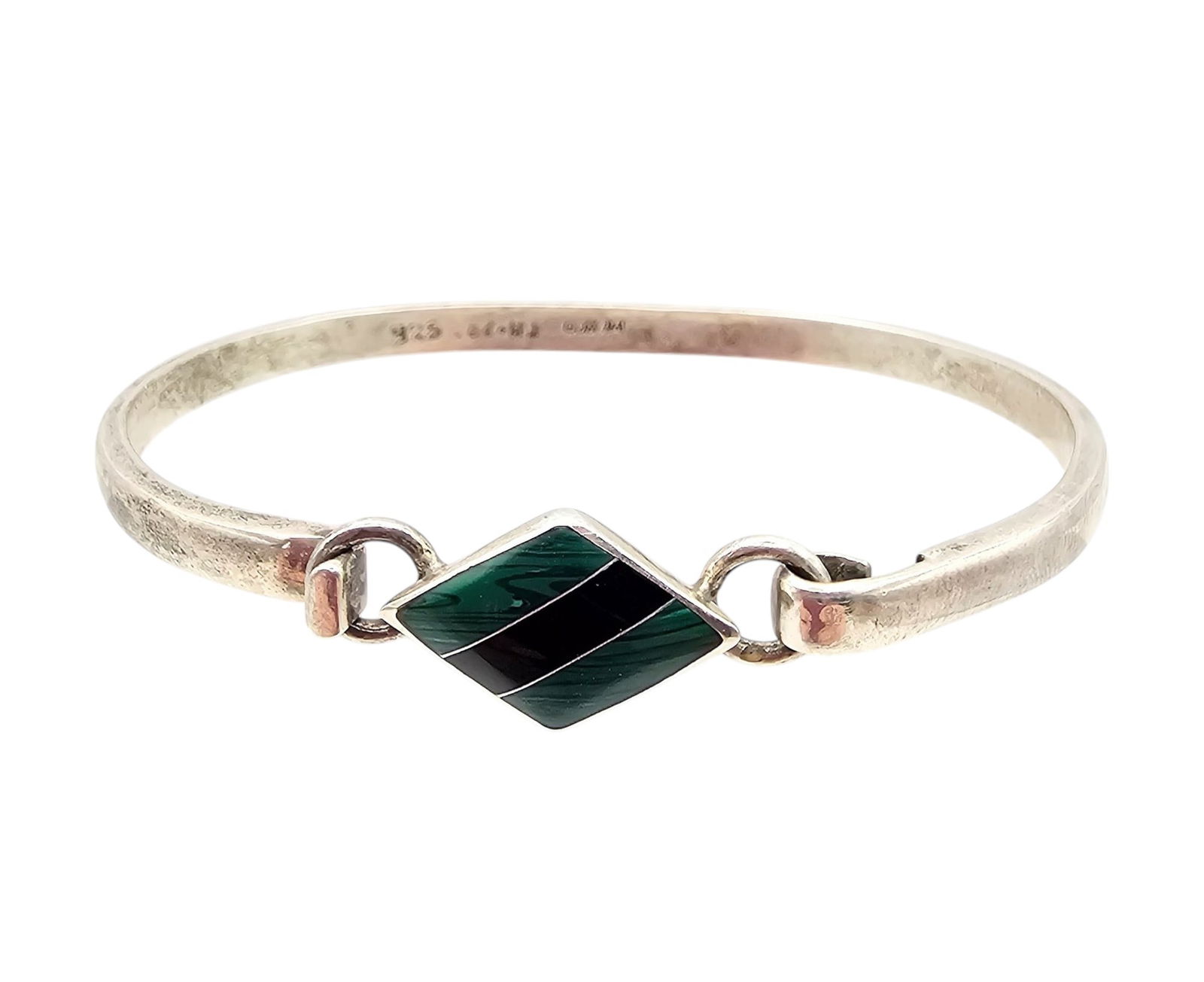 Mexico TM-28 Sterling Malachite Bangle Bracelet: Mexico TM-28 Sterling Malachite Eye Hook Bangle Bracelet 17.1 G