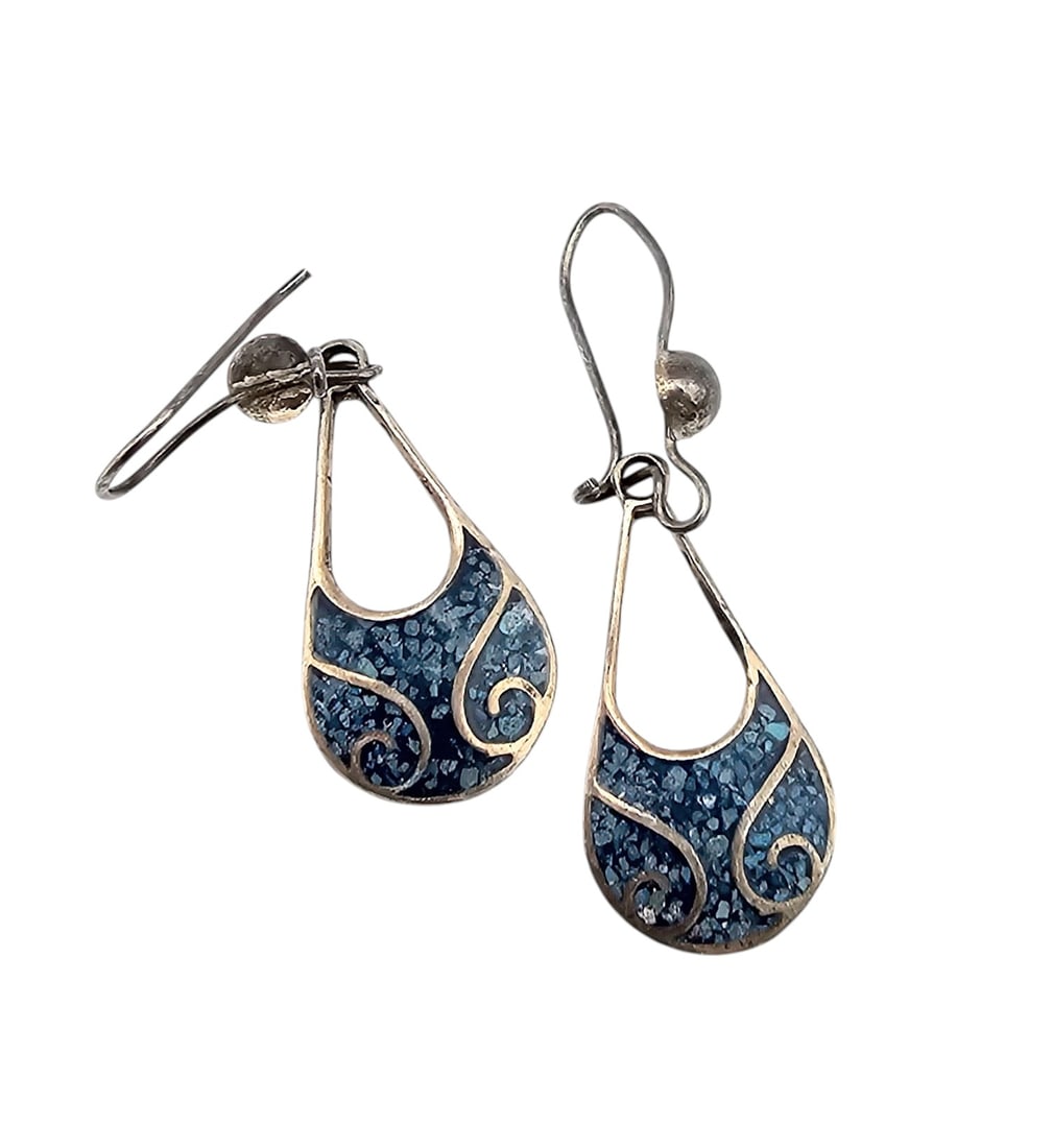 Mexico Sterling Crushed Turquoise Drop Dangle Earrings: Mexico Sterling Crushed Turquoise Drop Dangle Earrings 2 G