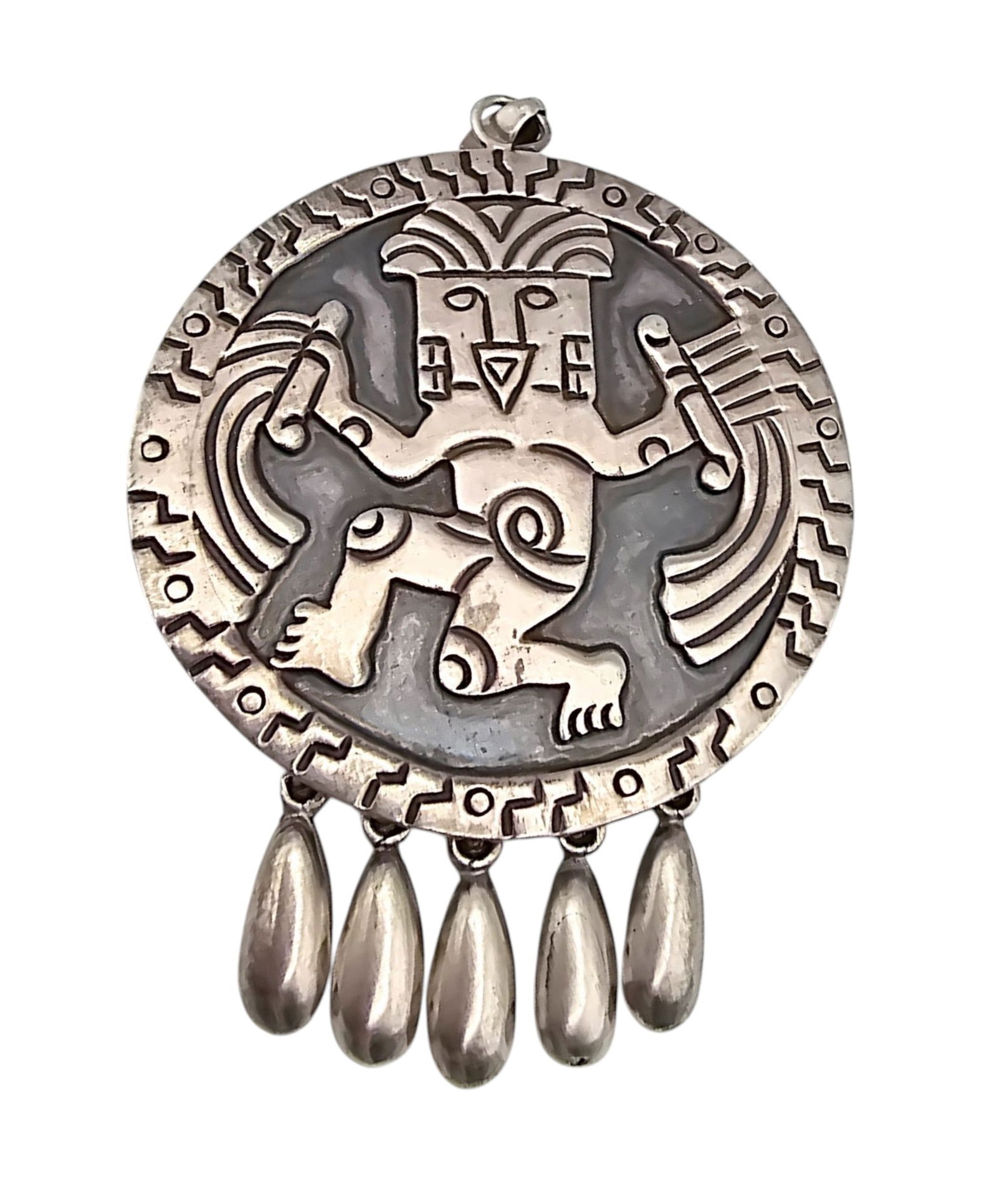 FAR FAN Mexico Sterling Aztec Style Pendant Brooch: FAR FAN Mexico Sterling Aztec/Mayan Style Pendant Brooch 34.8 G