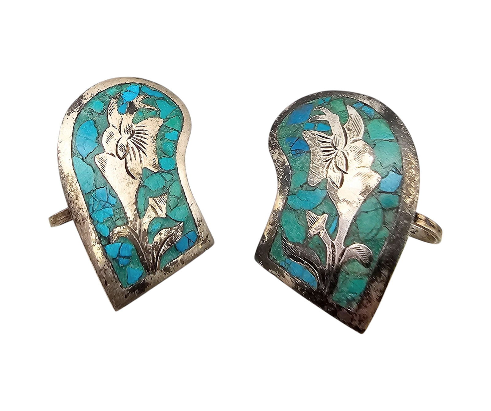 Signed Mexico Sterling Crushed Turquoise Earrings: Signed Mexico Sterling Crushed Turquoise Earrings