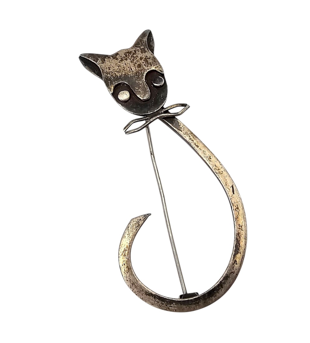 Signed ICJ? Mexico Sterling Cat Brooch 5.7 G: Signed ICJ? Mexico Sterling Cat Brooch 5.7 G
