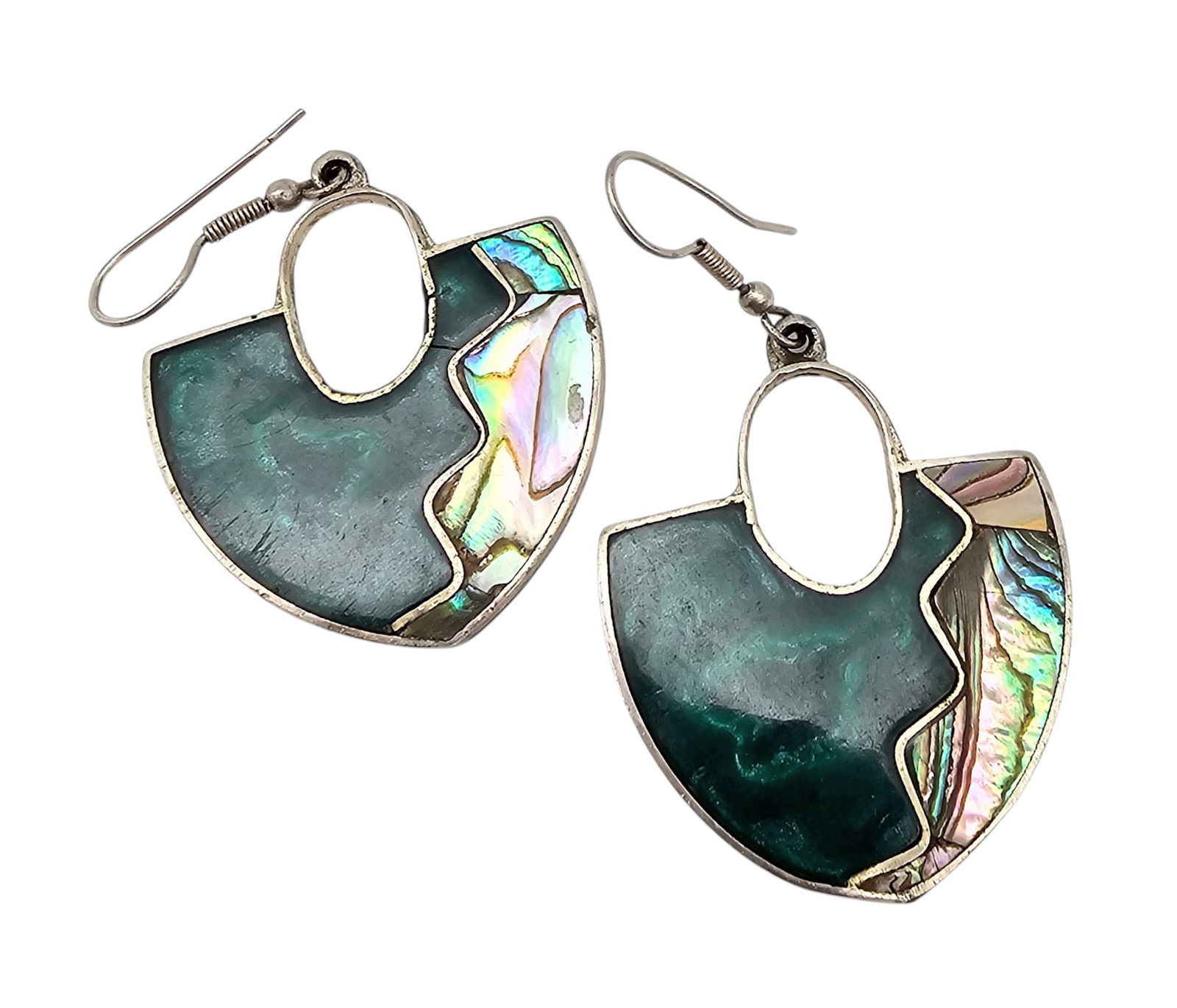 Mexico Alpaca Silver Malachite Abalone Drop Dangle Earrings: Mexico Alpaca Silver Malachite Abalone Drop Dangle Earrings 9.3 G