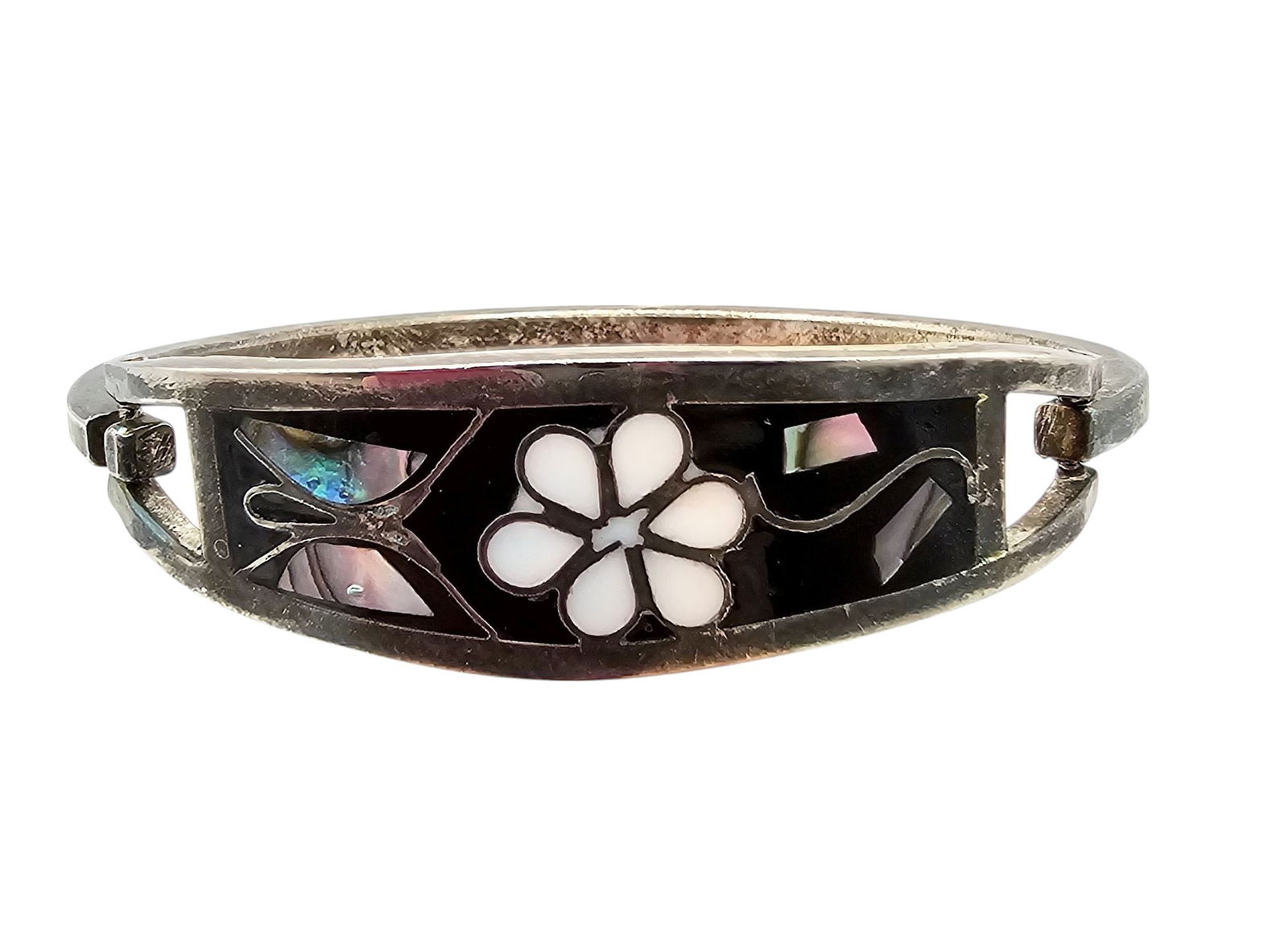 Mexico Alpaca Silver Abalone Mother Of Pearl Enamel Eye Hook Bangle Bracelet: Mexico Alpaca Silver Abalone Mother Of Pearl Enamel Eye Hook Bangle Bracelet 13.4 G