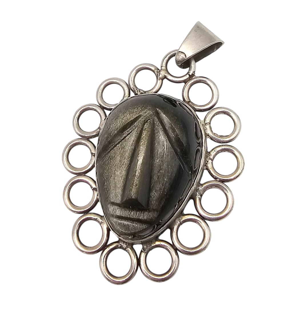 Signed RJA Mexico Sterling Labradorite Carved Face Pendant: RJA Mexico Sterling Labradorite Carved Face Pendant 22.1 G