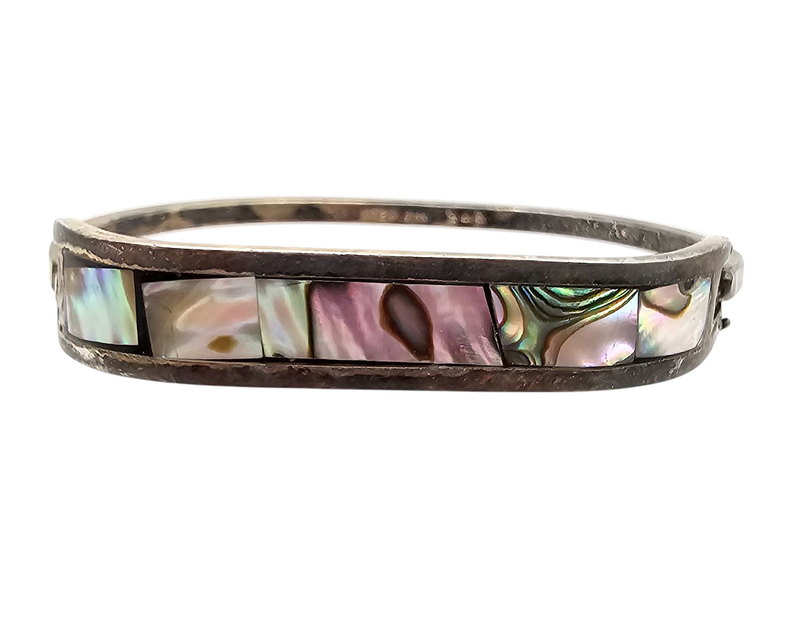 Mexico Taxco Sterling Abalone Eye Hook Bangle Bracelet: Mexico Taxco Sterling Abalone Eye Hook Bangle Bracelet 14.1 G