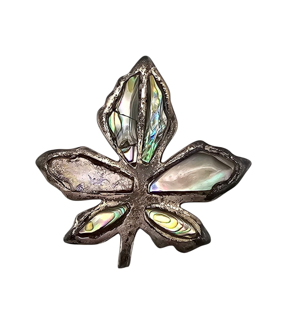 Signed TBR Mexico Taxco Sterling Abalone Leaf Brooch: TBR Mexico Taxco Sterling Abalone Leaf Brooch 4.7 G as is missing one stone