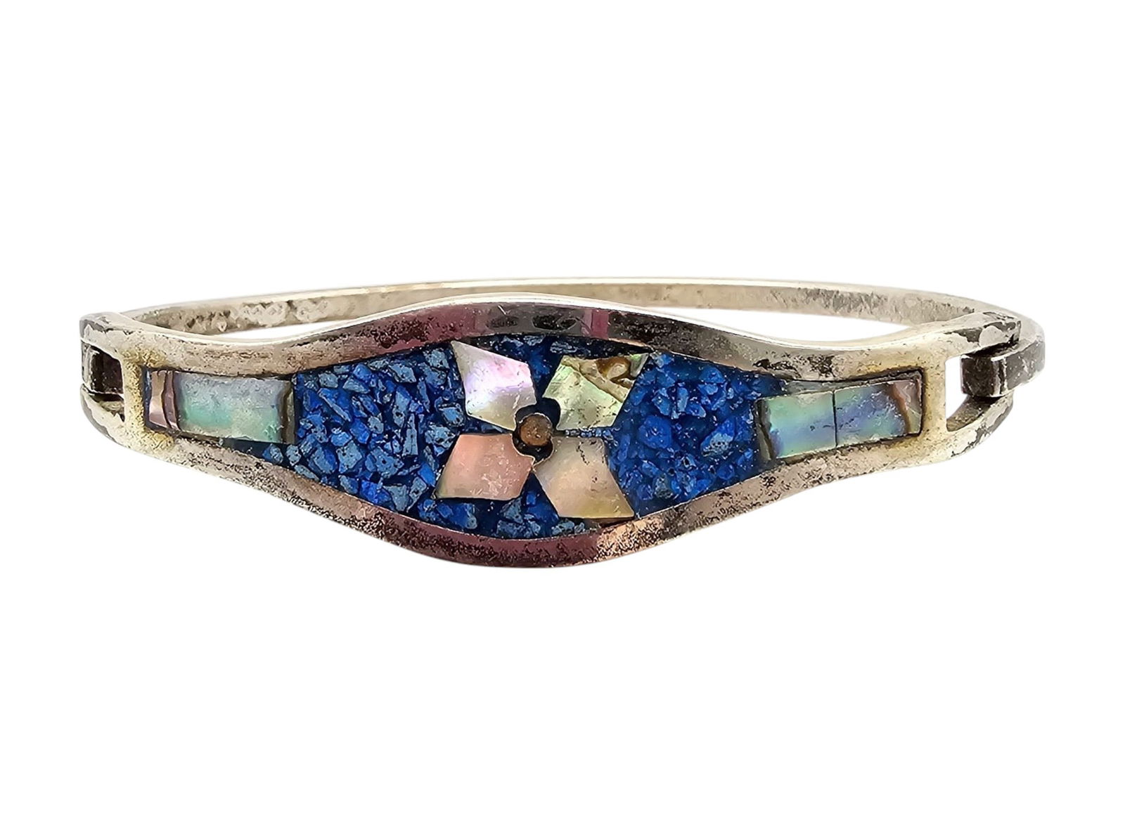 Mexico Taxco Sterling Crushed Turquoise Abalone Bangle Bracelet: Mexico Taxco Sterling Crushed Turquoise Abalone Eye Hook Bangle Bracelet 13.6 G