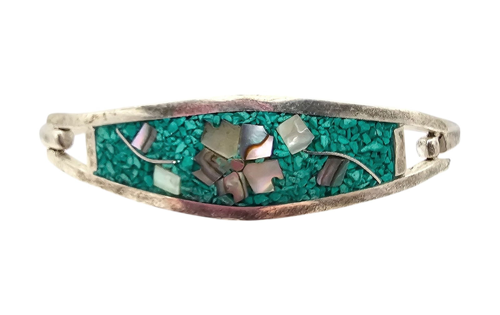 Signed Alpaca Silver Crushed Turquoise Mother Of Pearl Bangle Bracelet: Signed Alpaca Silver Crushed Turquoise Mother Of Pearl Eye Hook Bangle Bracelet 15.2 G