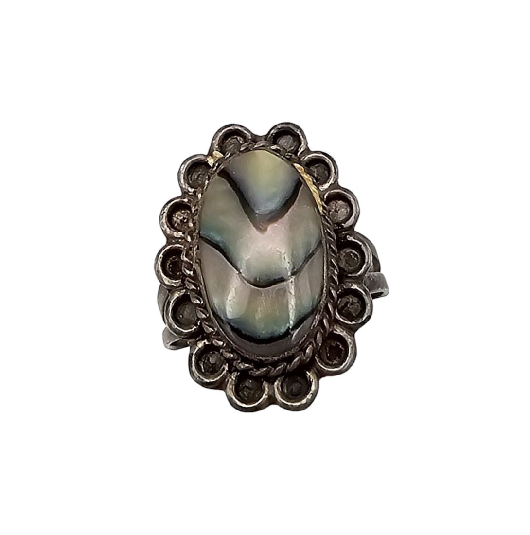 Signed Mexico Sterling Abalone Ring Size 4.75: Signed Mexico Sterling Abalone Ring Size 4.75 3.1 G