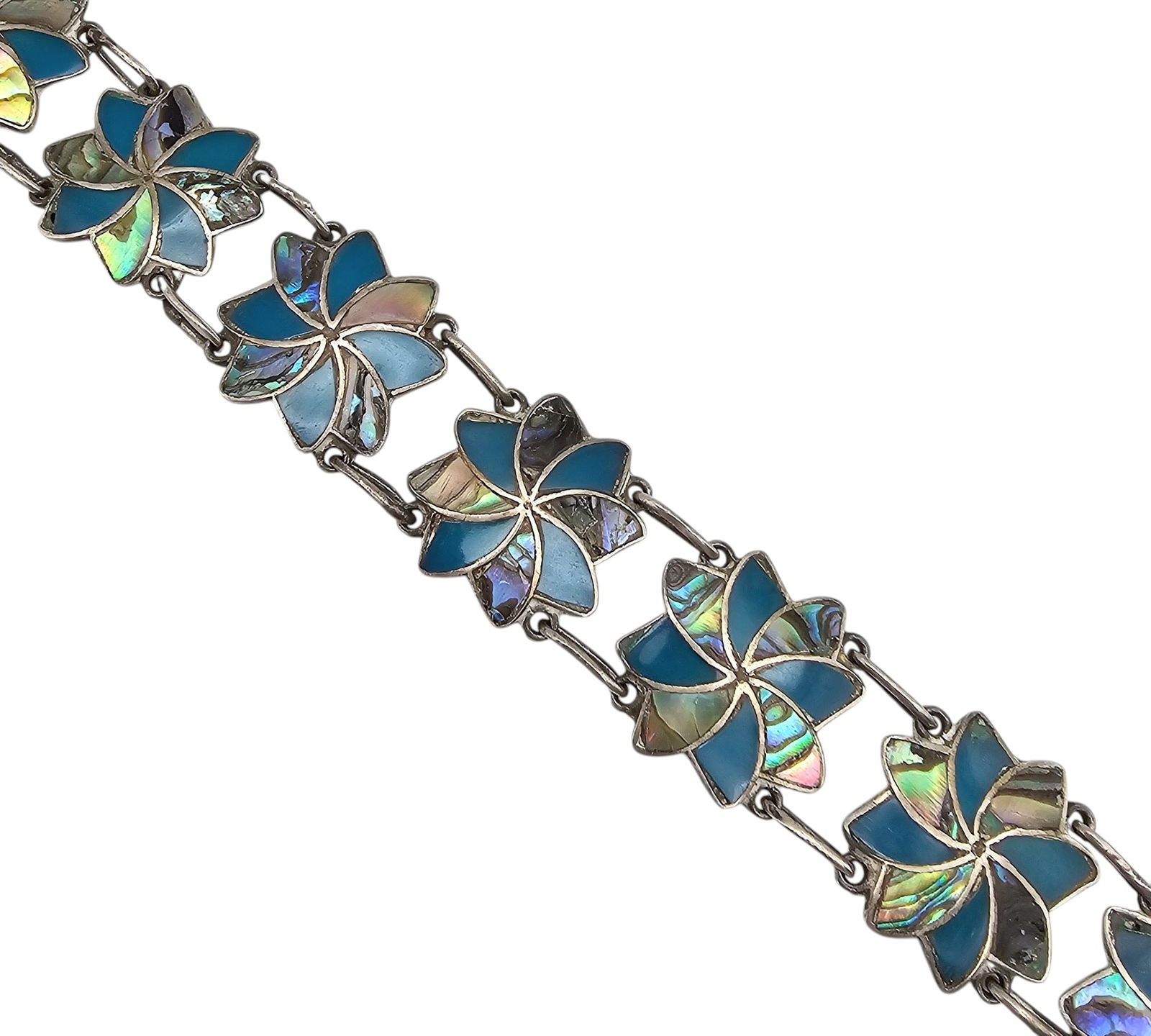 Signed Sterling Abalone Enamel Floral Bracelet: Signed Sterling Abalone Enamel Floral Bracelet 18.8 G As Is Was Repaired.