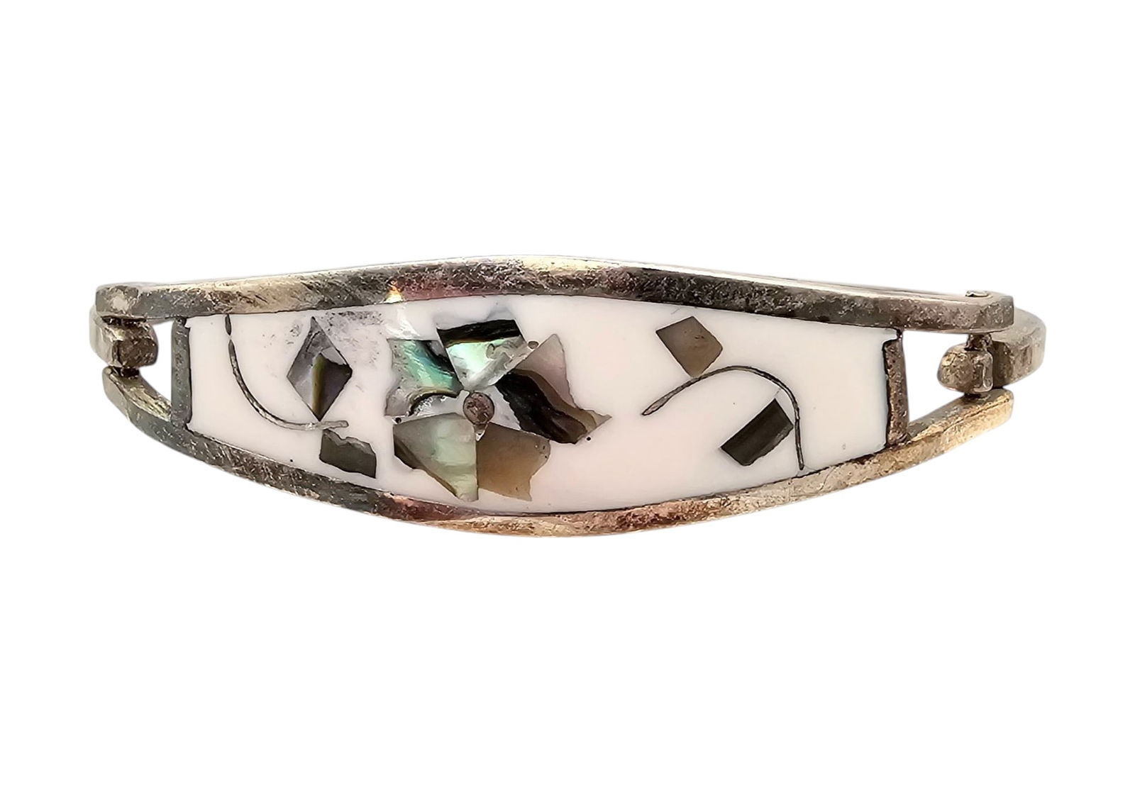 Signed Mexico Taxco Alpaca Silver Abalone Enamel Eye Hook Bangle Bracelet: Signed Mexico Taxco Alpaca Silver Abalone Enamel Eye Hook Bangle Bracelet 14.7 G