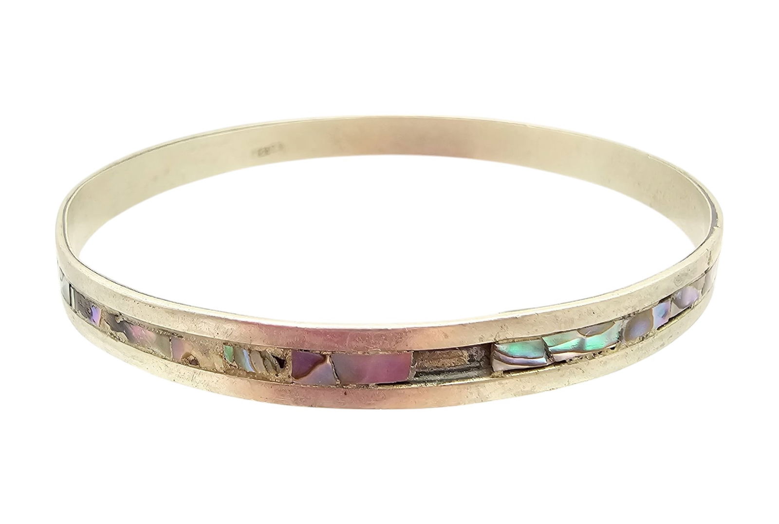 Taxco Alpaca Silver Abalone Bangle Bracelet: Taxco Alpaca Silver Abalone Bangle Bracelet 11 G, As is missing some stones