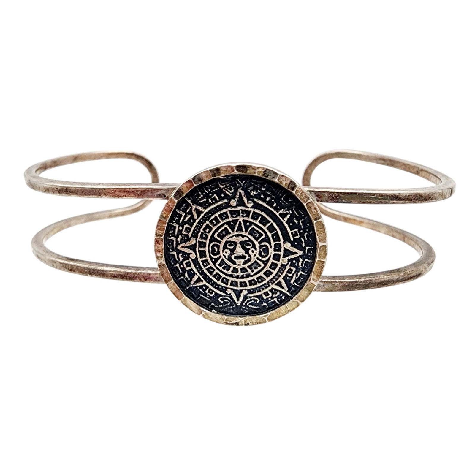 Mexico TV-02 950 Sterling Aztec Calendar Cuff Bracelet: Mexico TV-02 950 Sterling Aztec Calendar Cuff Bracelet 14.3g