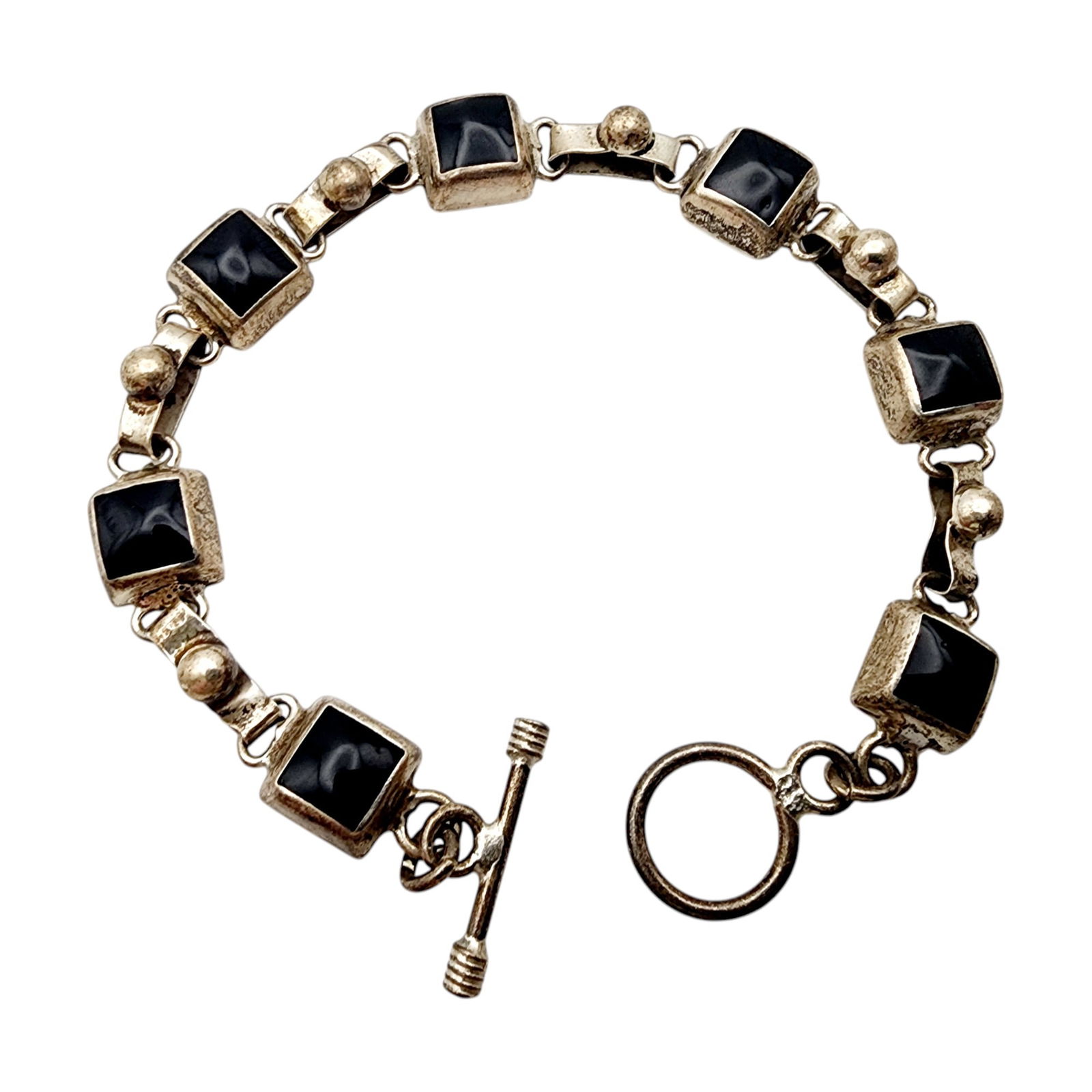 Mexico Sterling Onyx Link Bracelet: Mexico Sterling Onyx Link Bracelet 18.5g