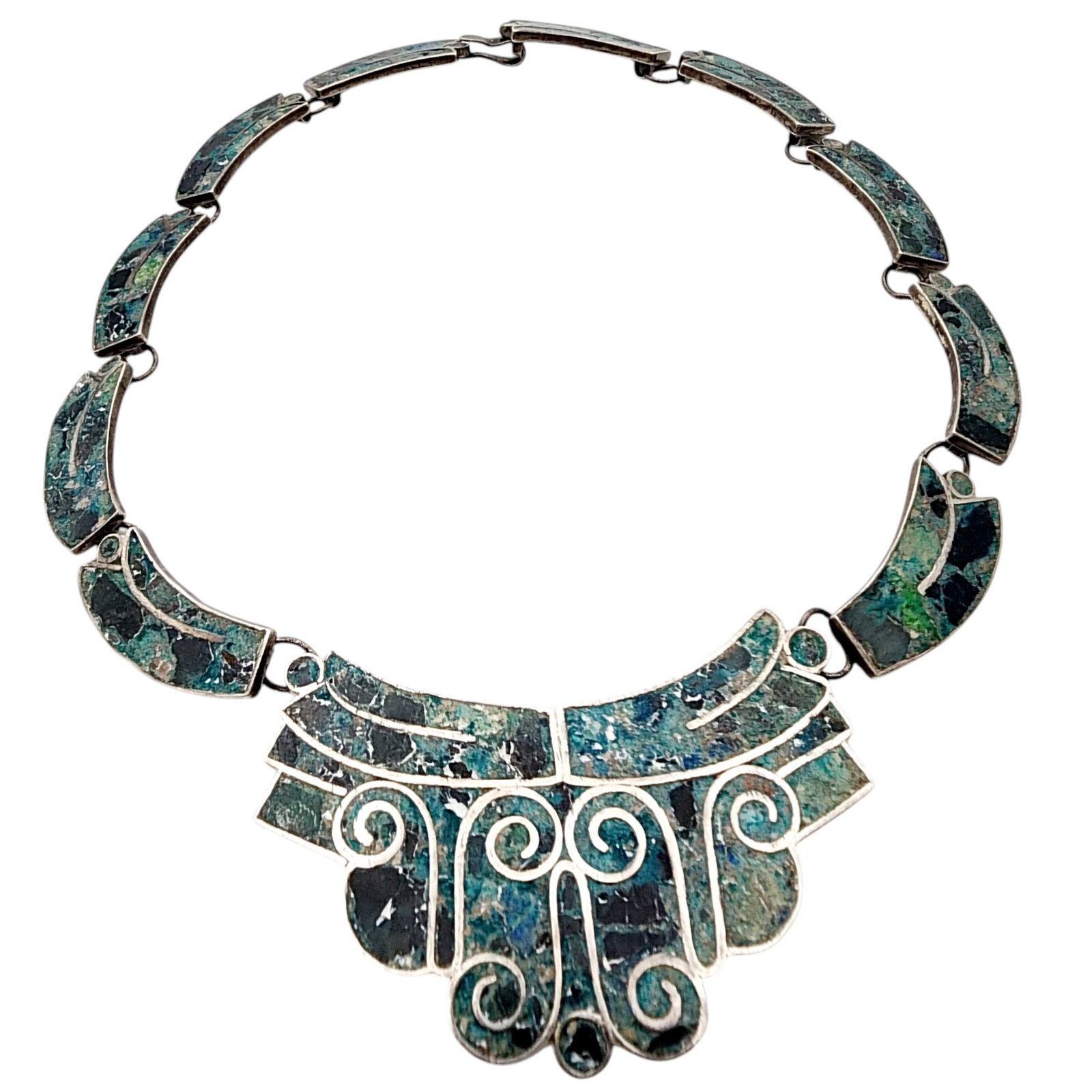 Signed TM Mexico Sterling Inlay Necklace: Signed TM Mexico Sterling Inlay Necklace 34.5g