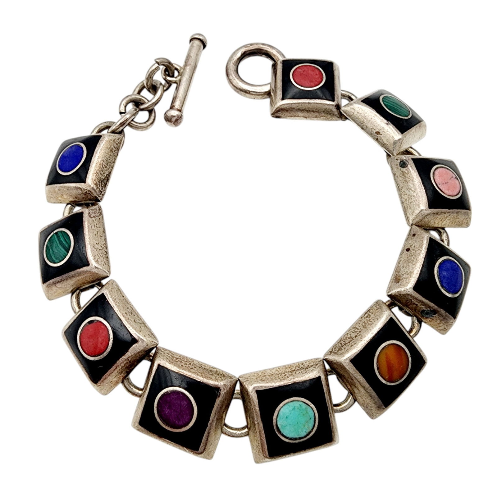 Mexico Sterling Multi Stone Link Bracelet: Mexico Sterling Multi Stone Link Bracelet 38.1g