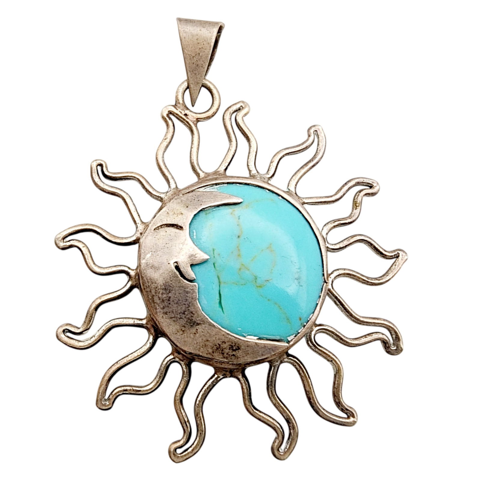 Mexico Sterling Faux Turquoise Sun Moon Pendant: Mexico Sterling Faux Turquoise Sun Moon Pendant 6.8g