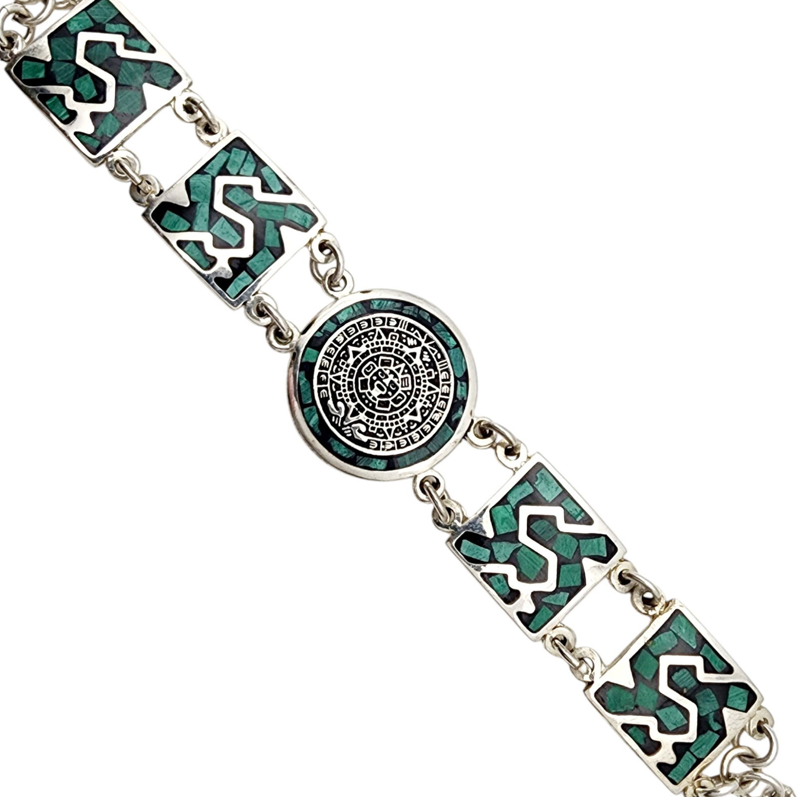 Sterling Aztec Calendar Inlay Bracelet: Sterling Aztec Calendar Inlay Bracelet 29.6g