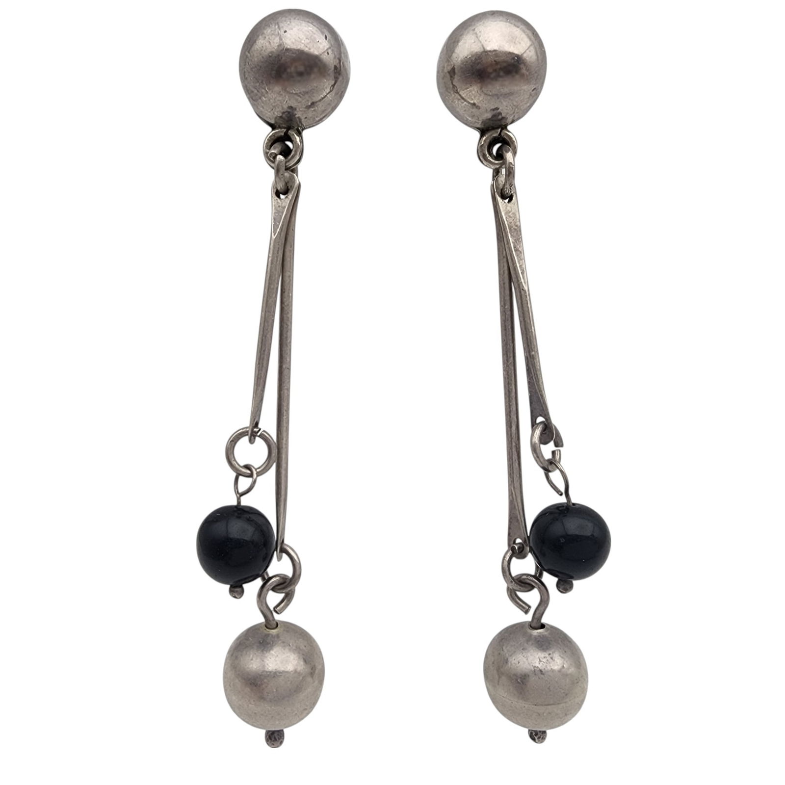 Mexico Sterling Onyx Dangle Bar Earrings: Mexico TD-64 Sterling Onyx Dangle Bar Earrings 23.7g