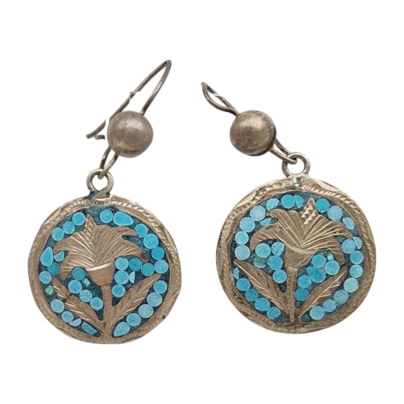 Signed Mexico Sterling Etched Flower Disc Earrings: Signed Mexico Sterling Etched Flower Disc Earrings 5.8g, earring hooks out of shape