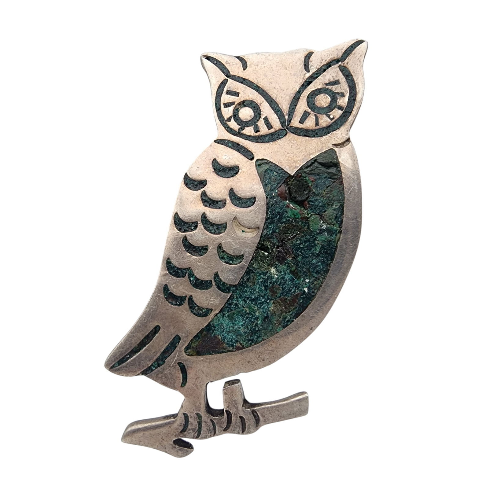 Signed Mexico Sterling Inlay Owl Brooch: Signed Mexico Sterling Inlay Owl Brooch 5.9g, as is - some inlay loss