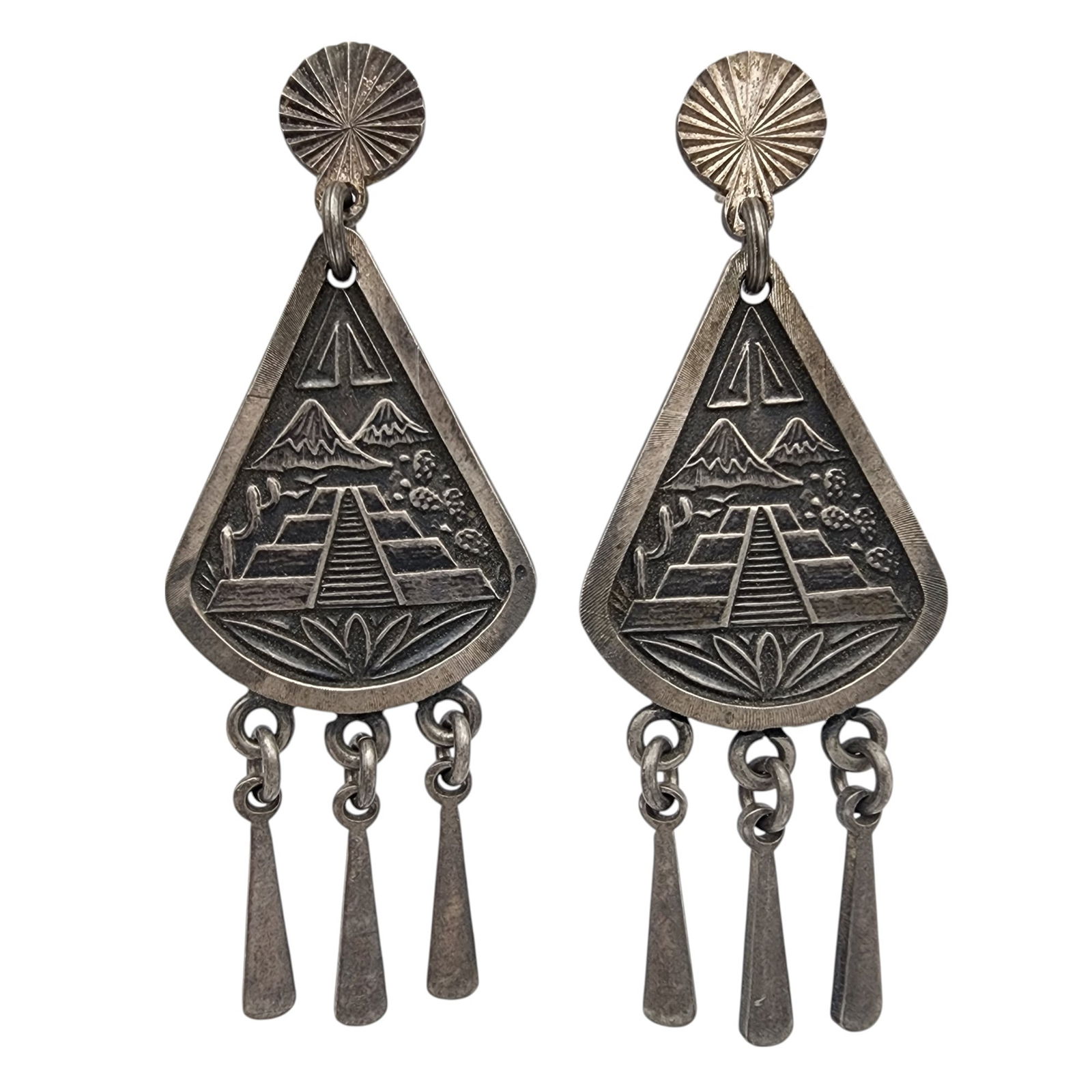 Signed Mexico Sterling Chichen Itza Dangle Earrings - 2