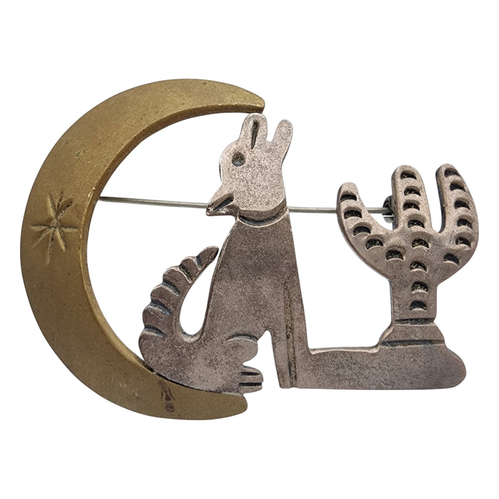 Vintage Mexico Taxco Sterling Howling Wolf, Moon, & Cactus Brooch: Big! Vintage Mexico TM-01 Taxco Sterling Howling Wolf, Moon, & Cactus Brooch 21.7g