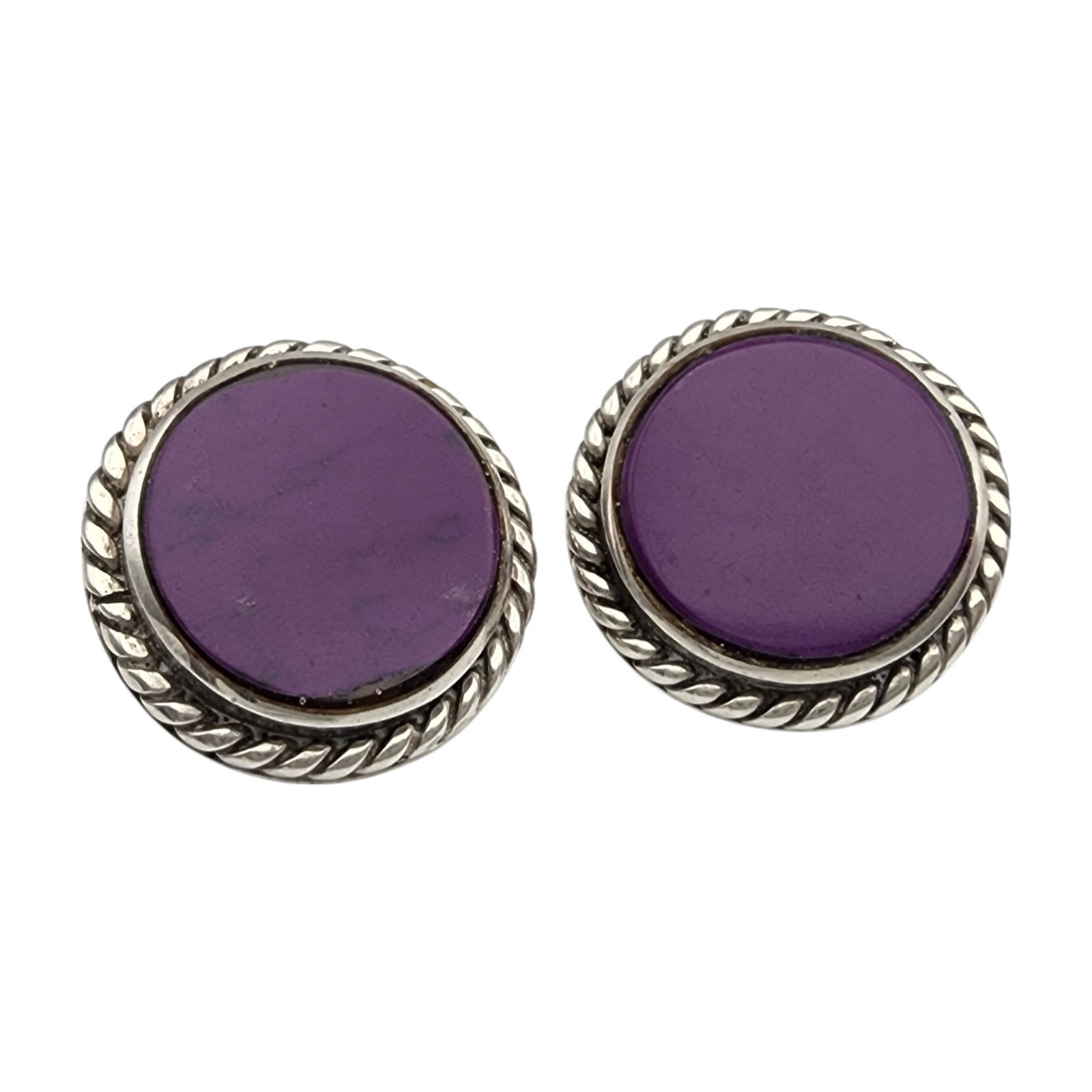 Mexico Taxco Sterling Purple Disc Earrings: Mexico Taxco TM-142 Sterling Purple Disc Earrings 13.3g, mismatched backs