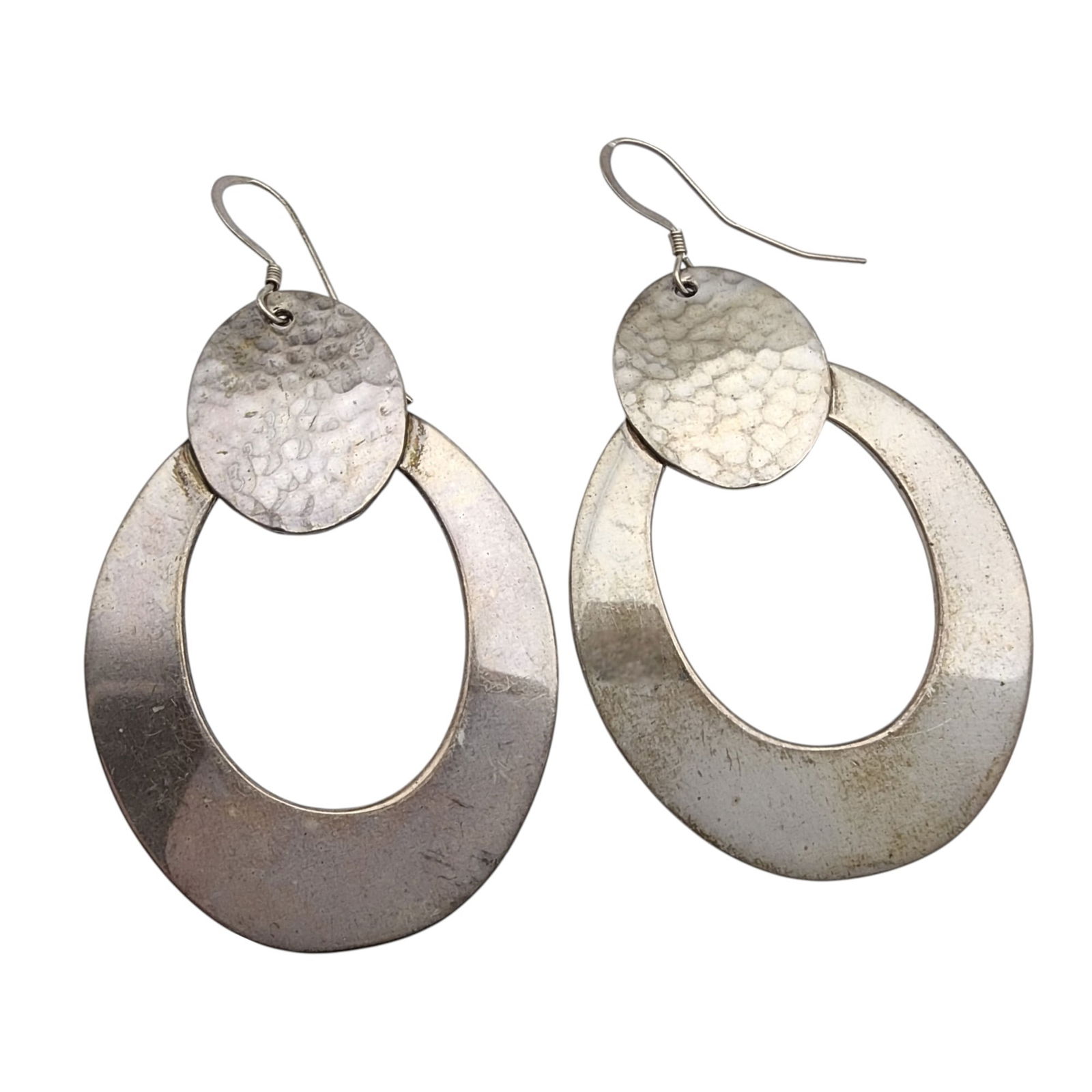 Mexico Sterling Hammered Dangle Earrings: Mexico Sterling Hammered Dangle Earrings 17.8g