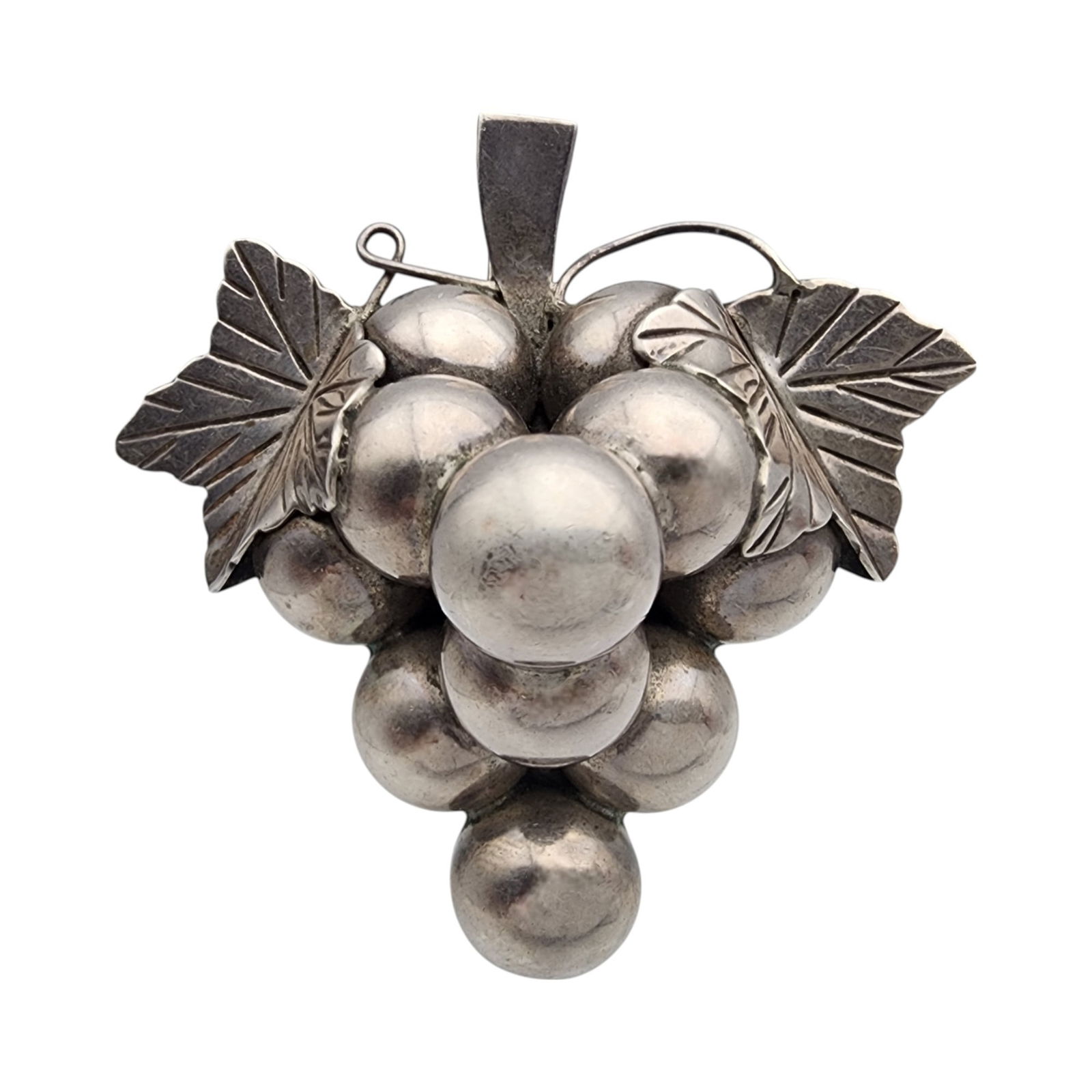 Large Vintage Taxco Sterling Grape Cluster Pendant Brooch: Big! Vintage Taxco Sterling Grape Cluster Pendant Brooch 33g, small dent on bottom of brooch
