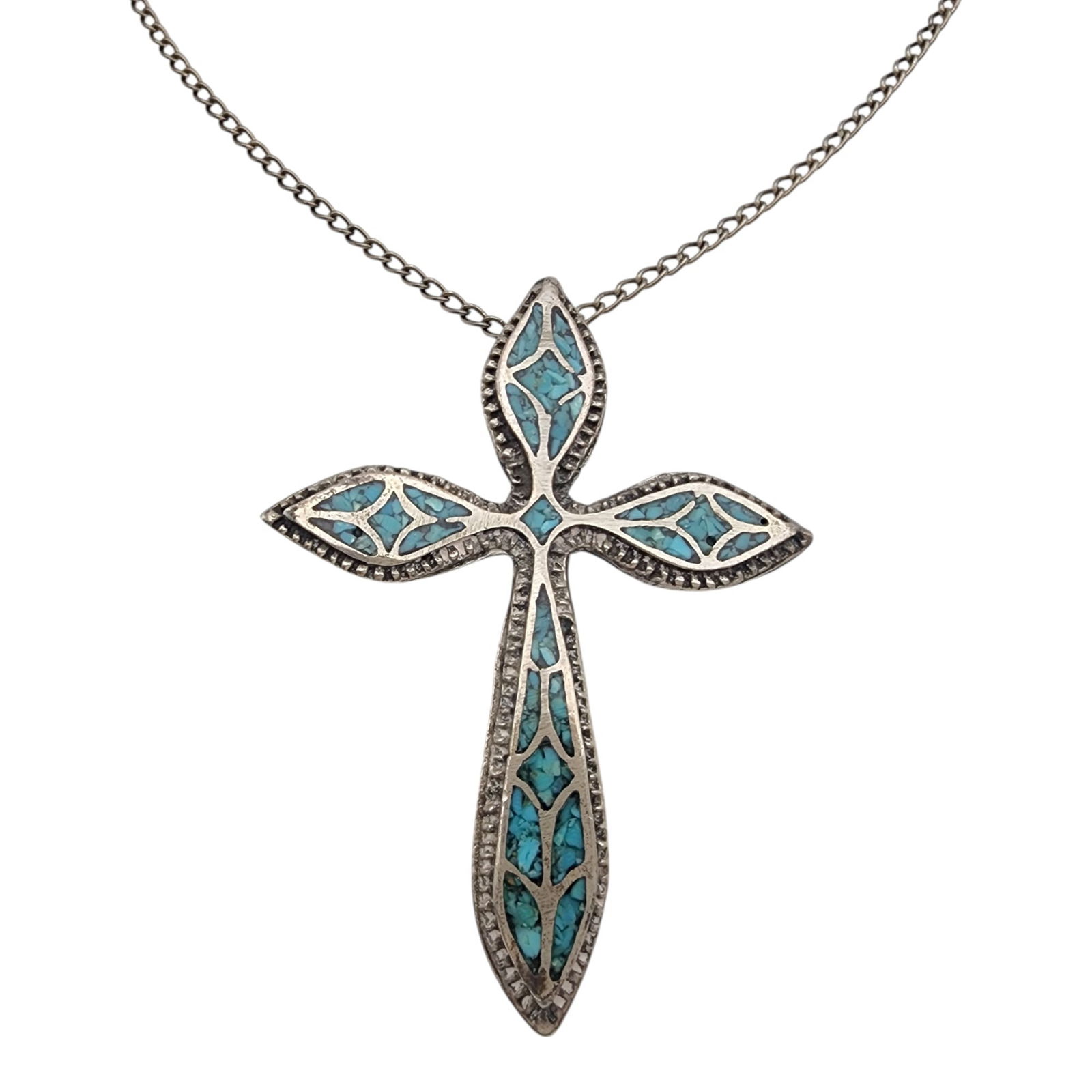 Vintage Southwestern Sterling Chip Inlay Cross Necklace: Vintage Southwestern Sterling Turquoise Chip Inlay Large Cross Necklace, 25.7g