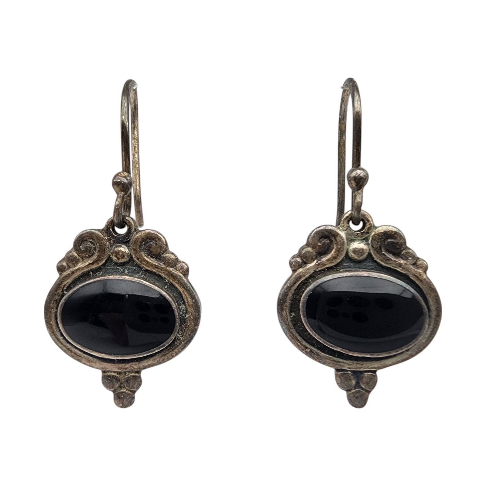 Amparo Mexico Sterling Onyx Dangle Earrings: Amparo (possibly Ampare?) Mexico Sterling Onyx Dangle Earrings, 5.8g
