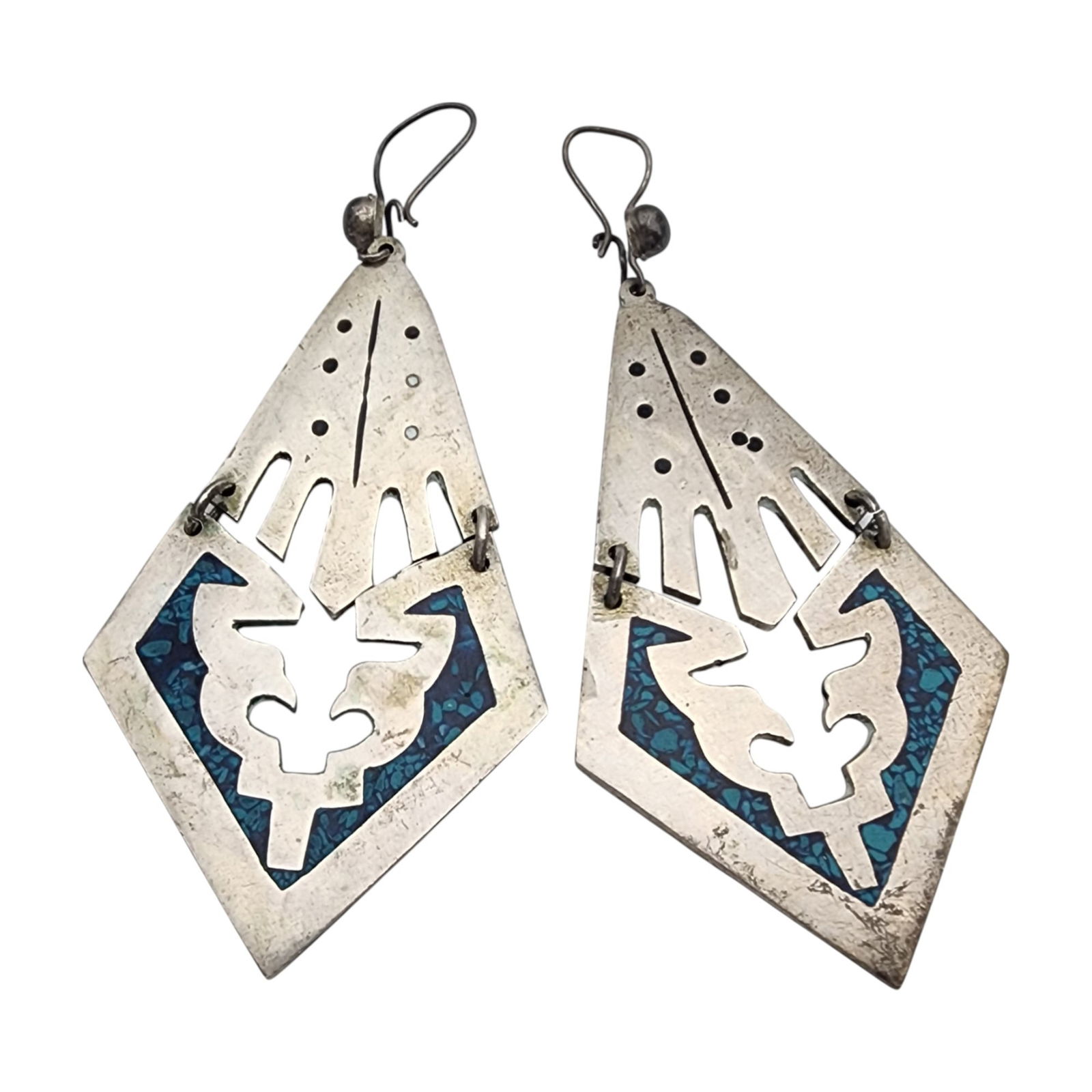 Vintage Taxco Alpaca Resin Inlay Dangle Earrings: Vintage Taxco Mexico TA-120 Alpaca Turquoise Chip Inlay Resin Dangle Earrings 19.3g, as is, earring hooks out of shape, some of the small black dots are worn - see photos