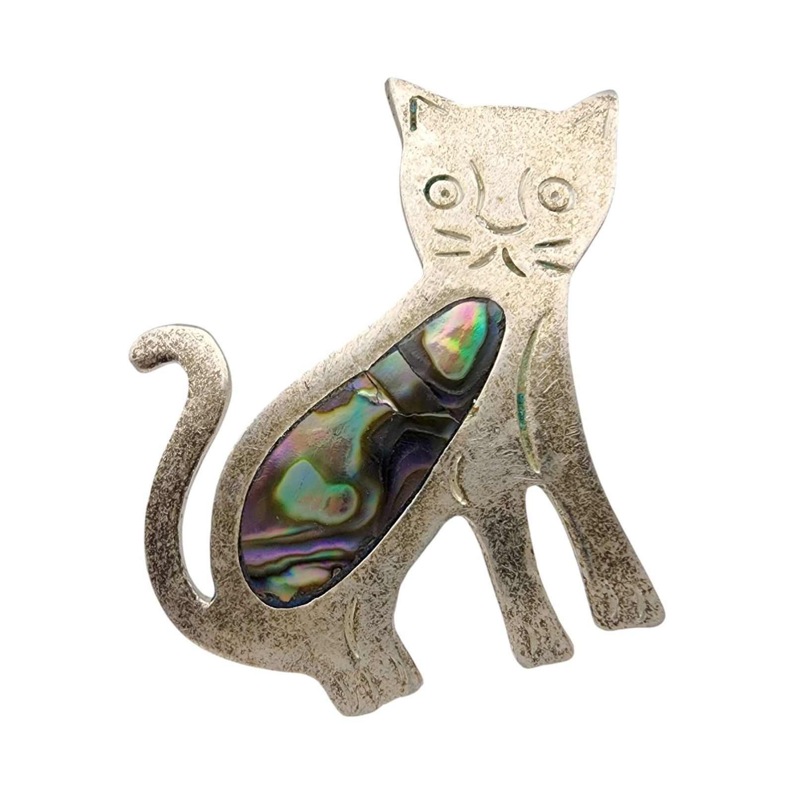 Vintage Mexico Alpaca Abalone Cat Brooch: Vintage Mexico Alpaca Silver Abalone Cat Brooch 4g, as is - break in inlay