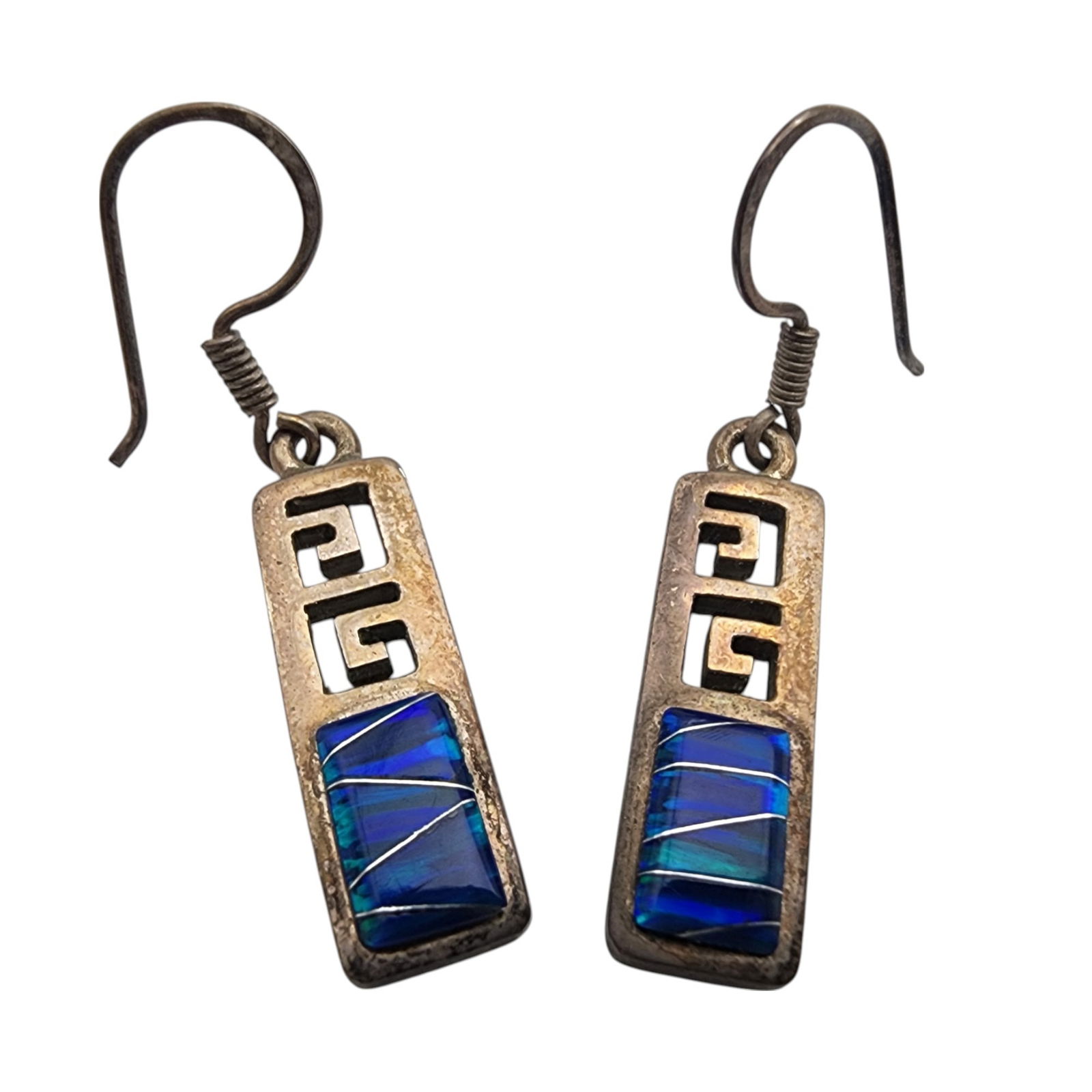 Taxco Mexico Sterling Opal Inlay Earrings: Taxco TM-517 Mexico 950 Sterling Opal Inlay Dangle Earrings 4.8g