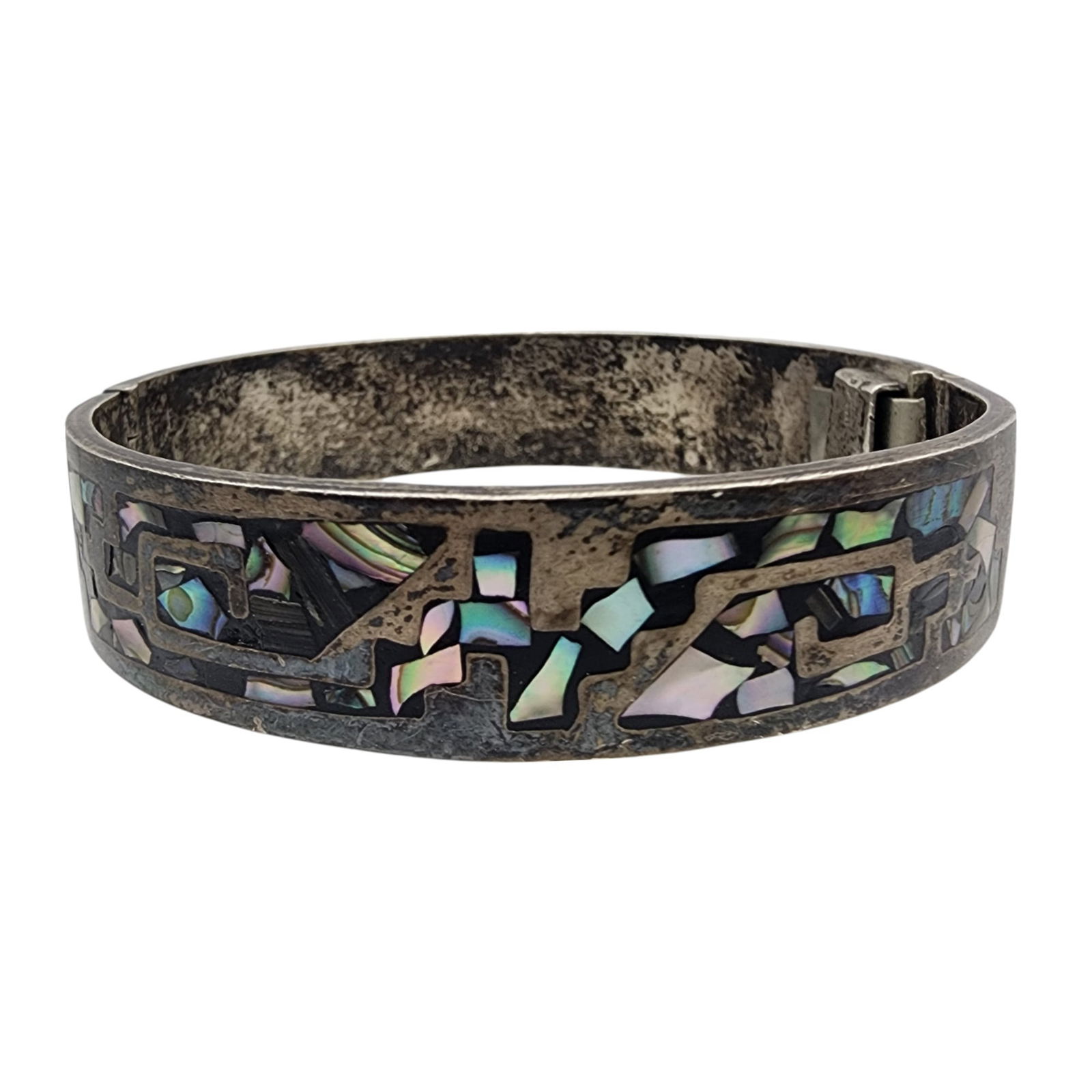 Mexico Sterling Abalone Chip Inlay Bangle Bracelet: Mexico Sterling Abalone Chip Inlay Bangle Bracelet 50g