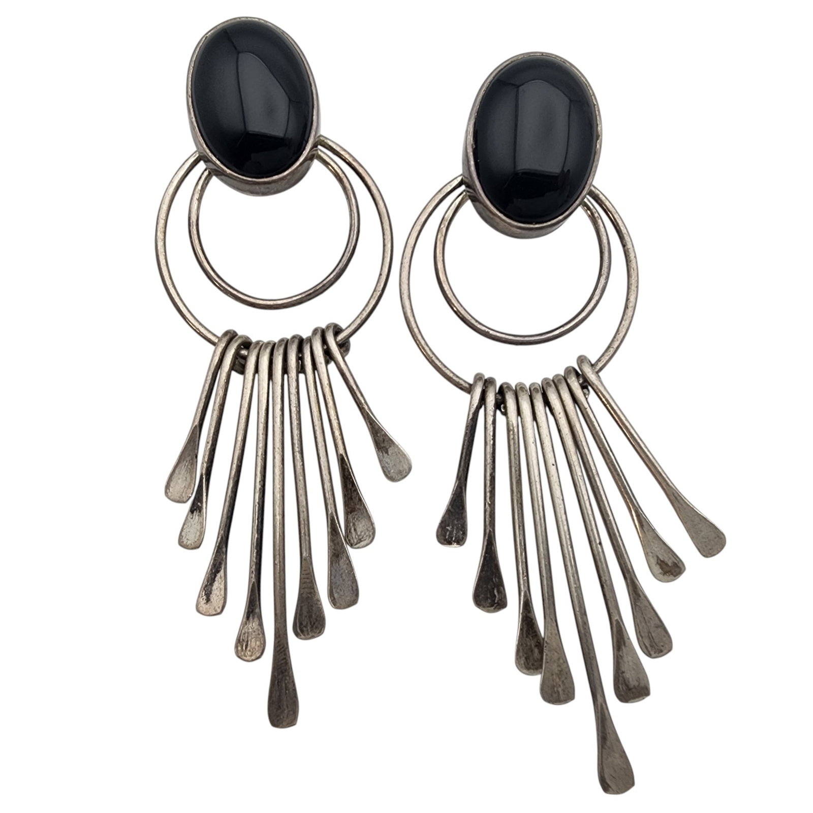 Signed Southwest Sterling Onyx Fringe Dangle Earrings: Signed AIS Southwest Sterling Onyx Fringe Dangle Earrings 18.5g