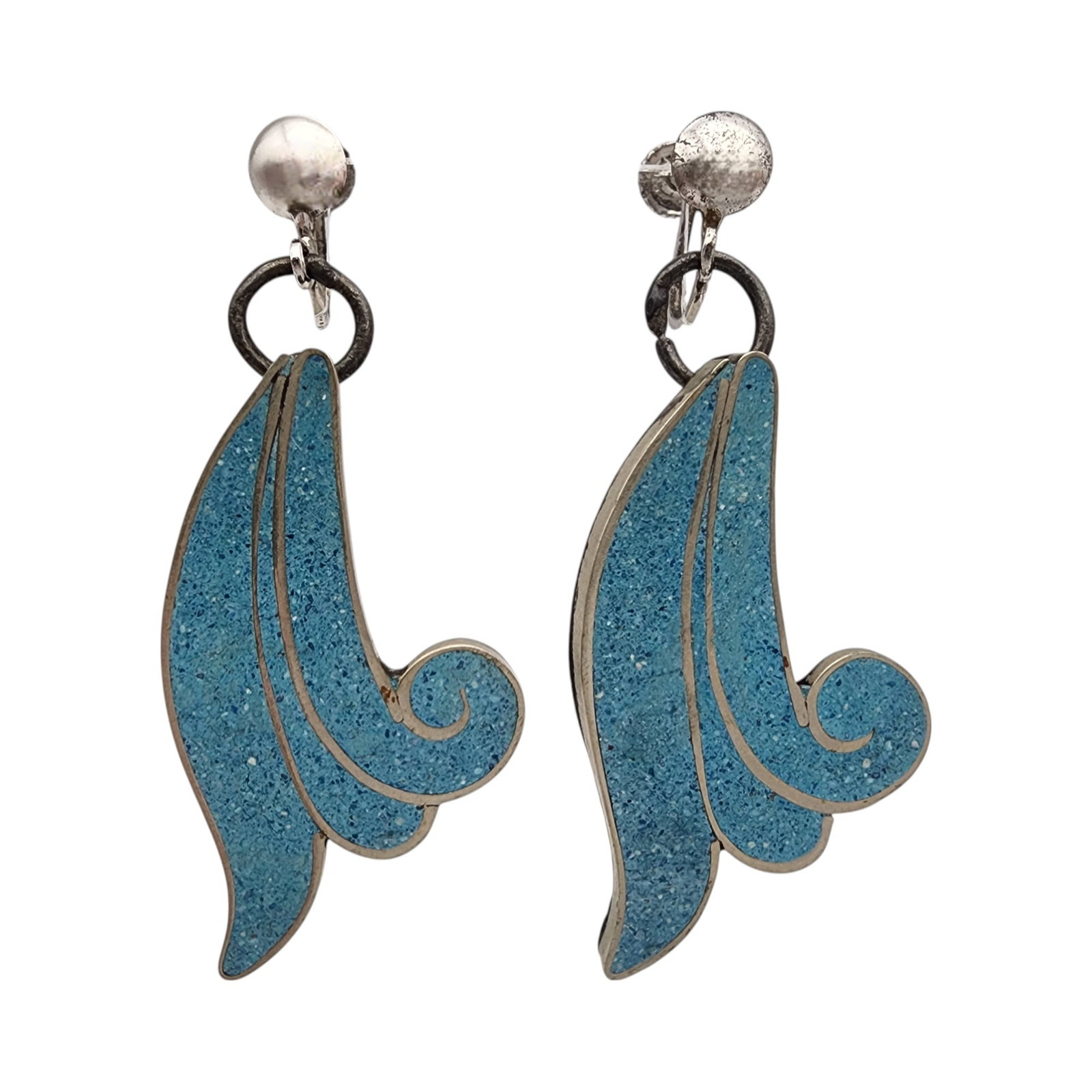 Sterling Crushed Inlay Swirl Earrings: Sterling Crushed Inlay Swirl Earrings 7.7g - Notes: Screwback parts of earrings are marked as sterling and appear that they may have been recently replaced given differences in patina. Unable to see a