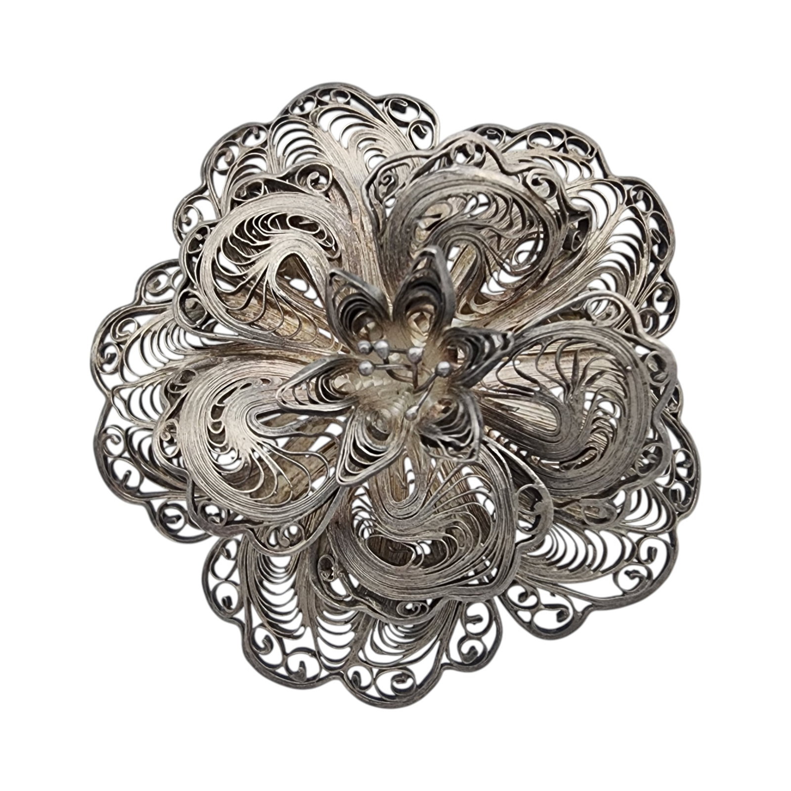 Mexico 900 Silver Filigree Flower Brooch: Mexico 900 Silver Filigree Flower Brooch, 12.8g