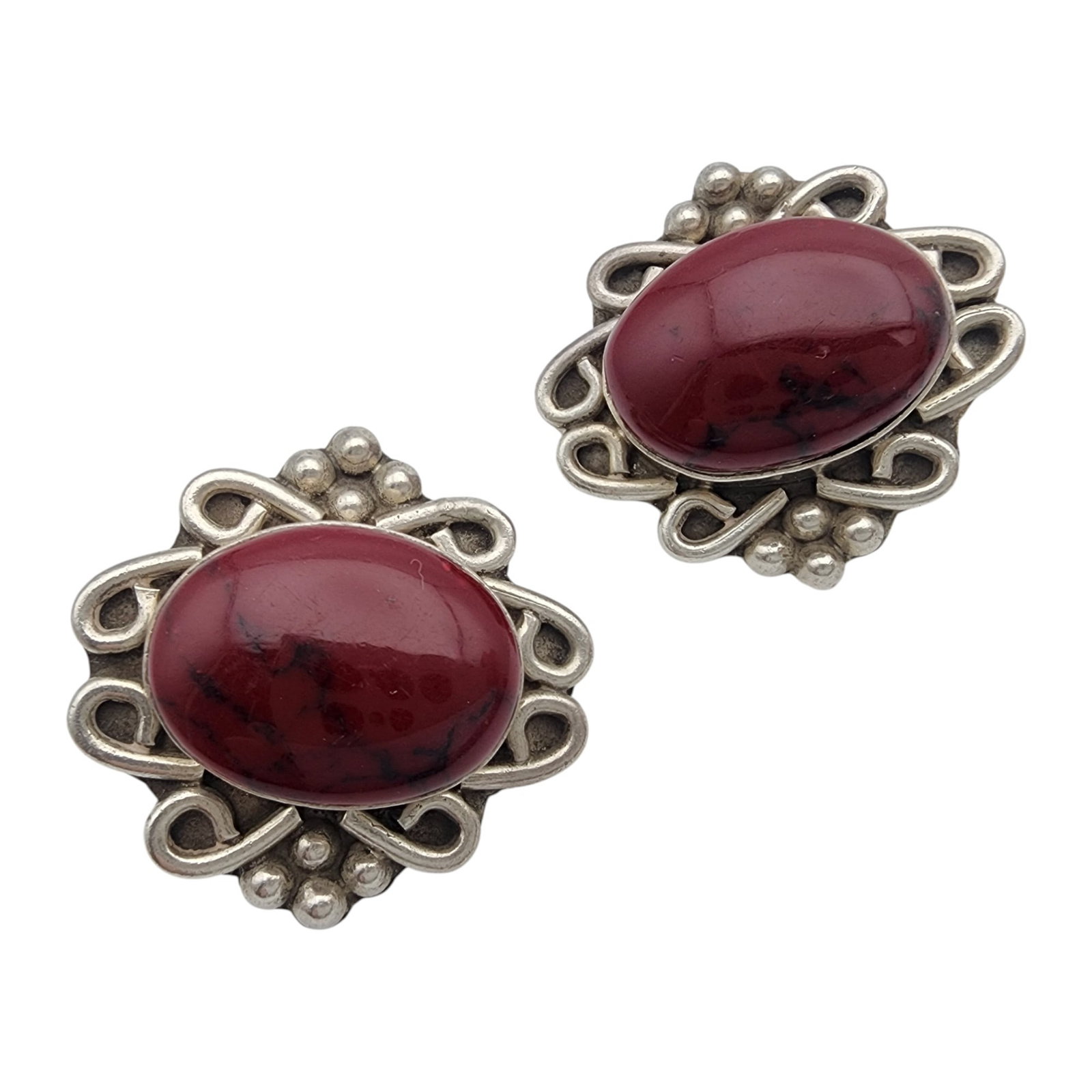 Taxco Mexico Sterling Red Jasper Earrings: Taxco TF-51 Mexico Sterling Red Jasper Earrings, 24.2g
