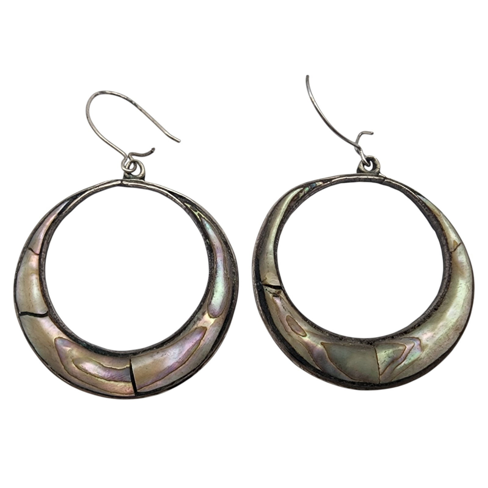 Signed Mexico Sterling Abalone Hoop Earrings: Signed ABG? Mexico Sterling Abalone Hoop Earrings, 4.5g, as is- breaks in abalone, unknown if intentional as part of inlay design or defect